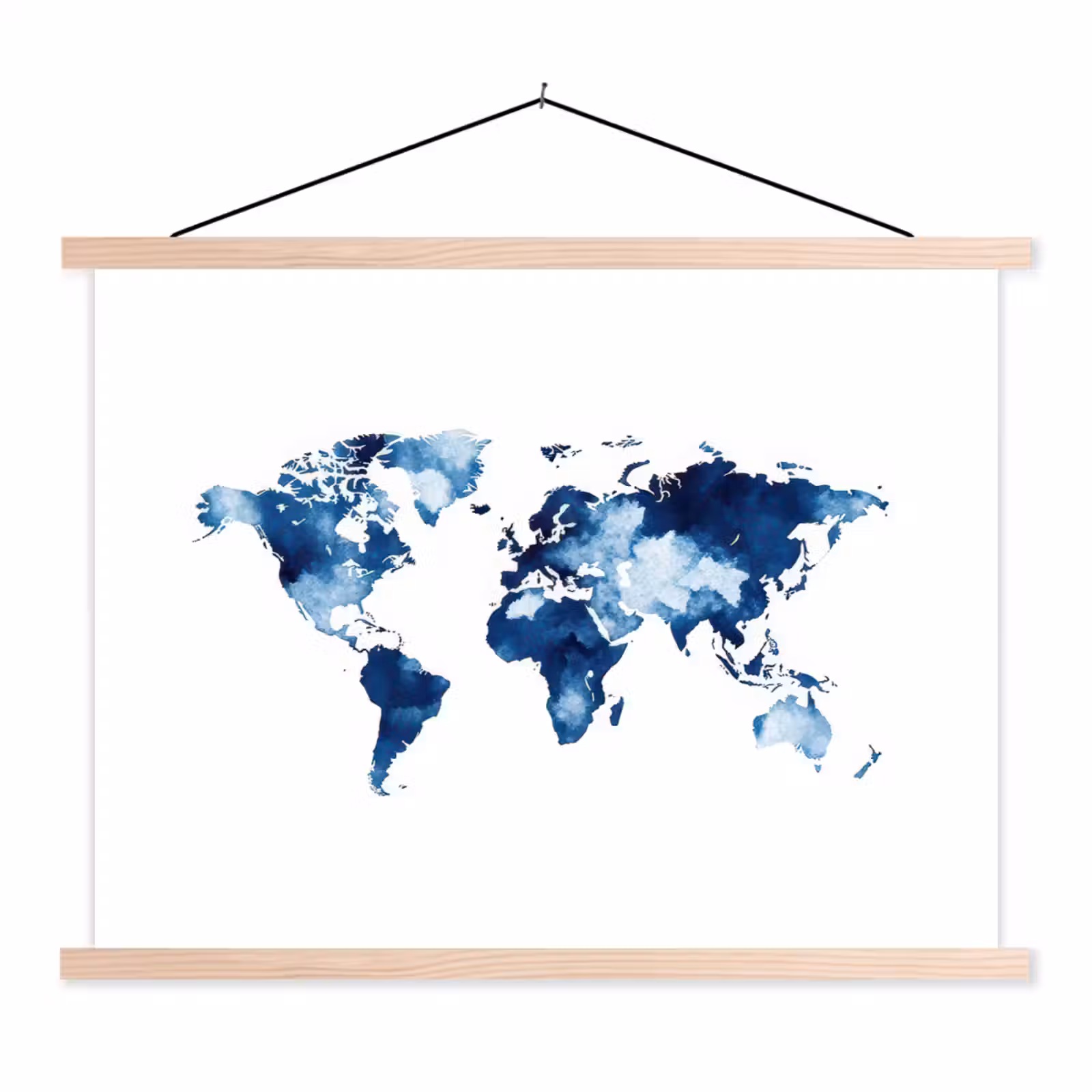 Wit - Aquarel - Blauw - Wereldkaart textielposter latten blank klein -3d
