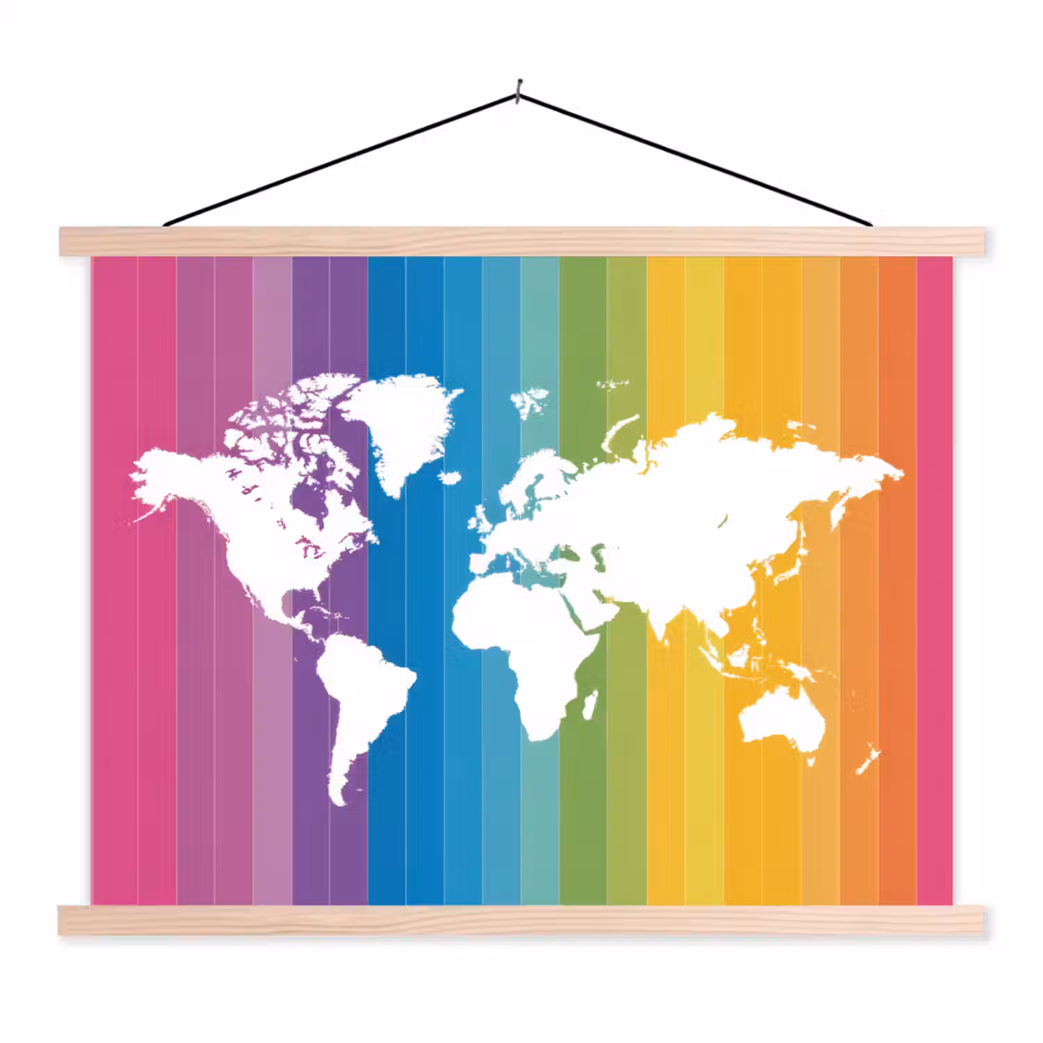 Wit - Wereldkaart - Regenboog - Banen textielposter latten blank klein -3d
