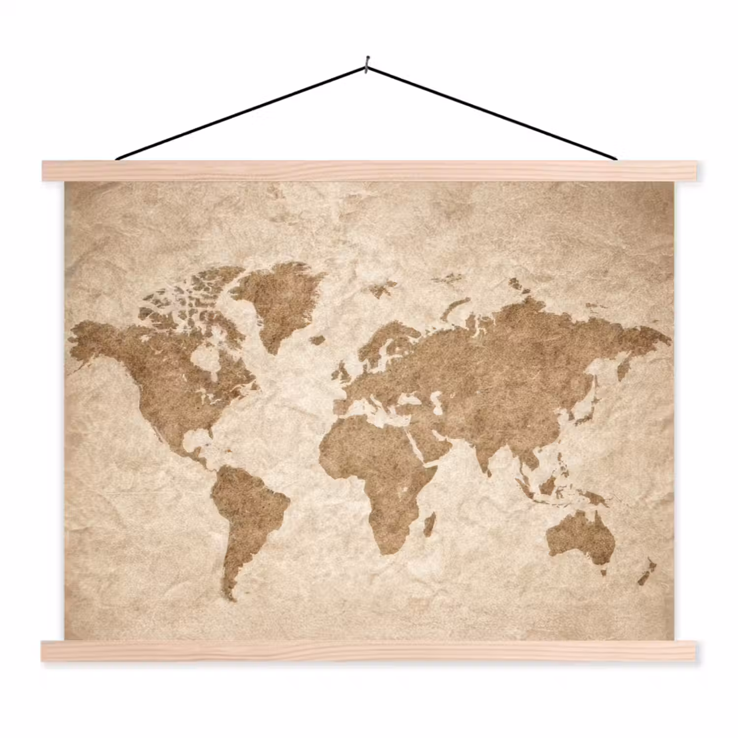 Wereldkaart - Oud papier - Historisch textielposter latten blank klein -3d