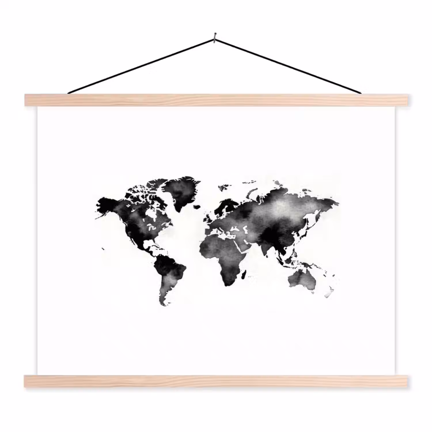 Wereldkaart - Aquarel - Zwart textielposter latten blank klein -3d