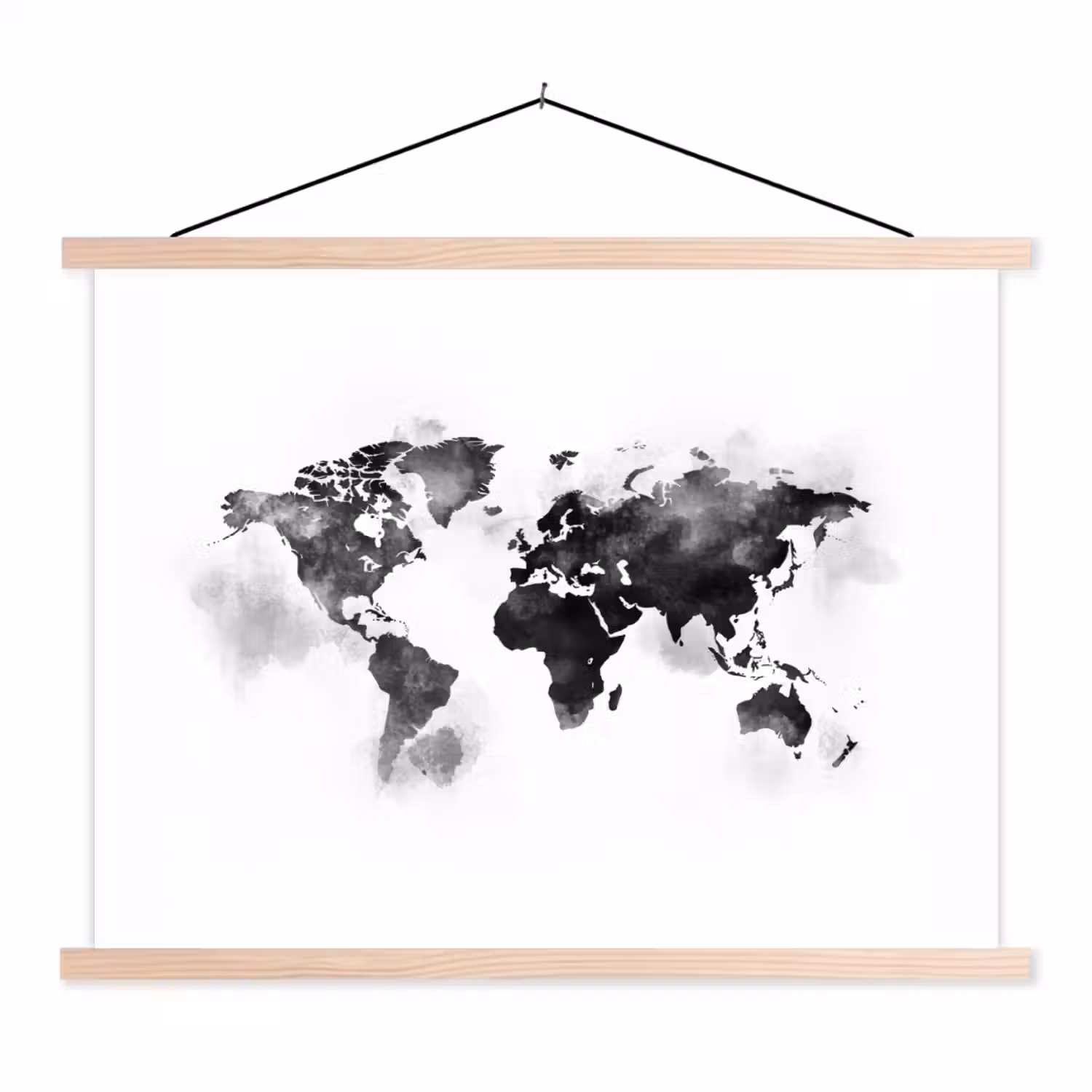 Wereldkaart - Waterverf - Zwart - Wit textielposter latten blank klein -3d