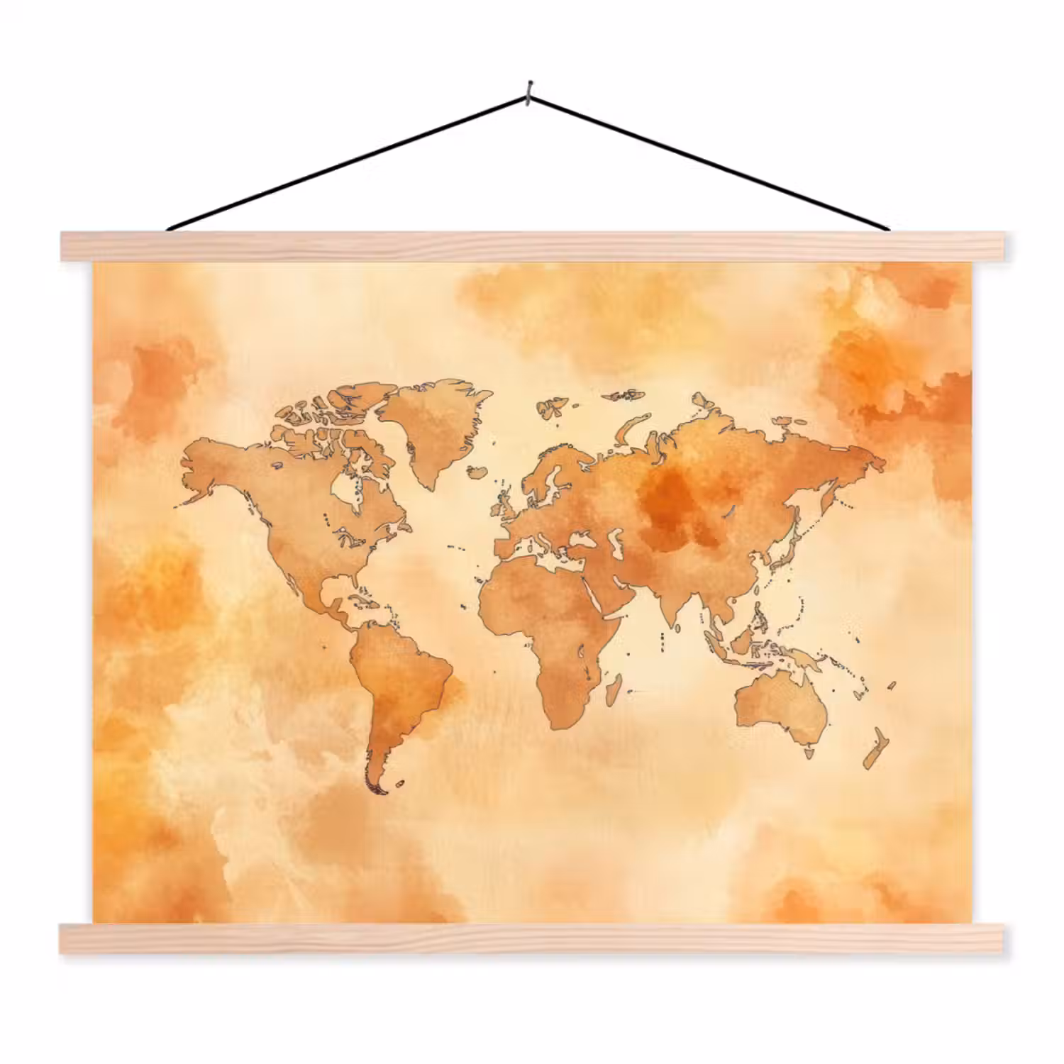 Wereldkaart - Aquarelstijl textielposter latten blank klein -3d