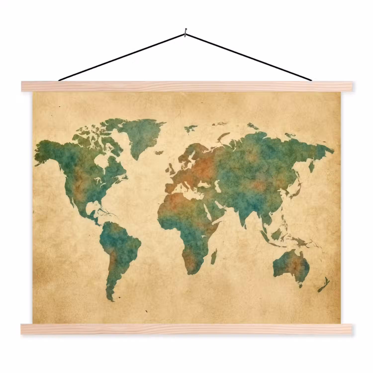Wereldkaart - Aquarelstijl - Oud papier textielposter latten blank klein -3d