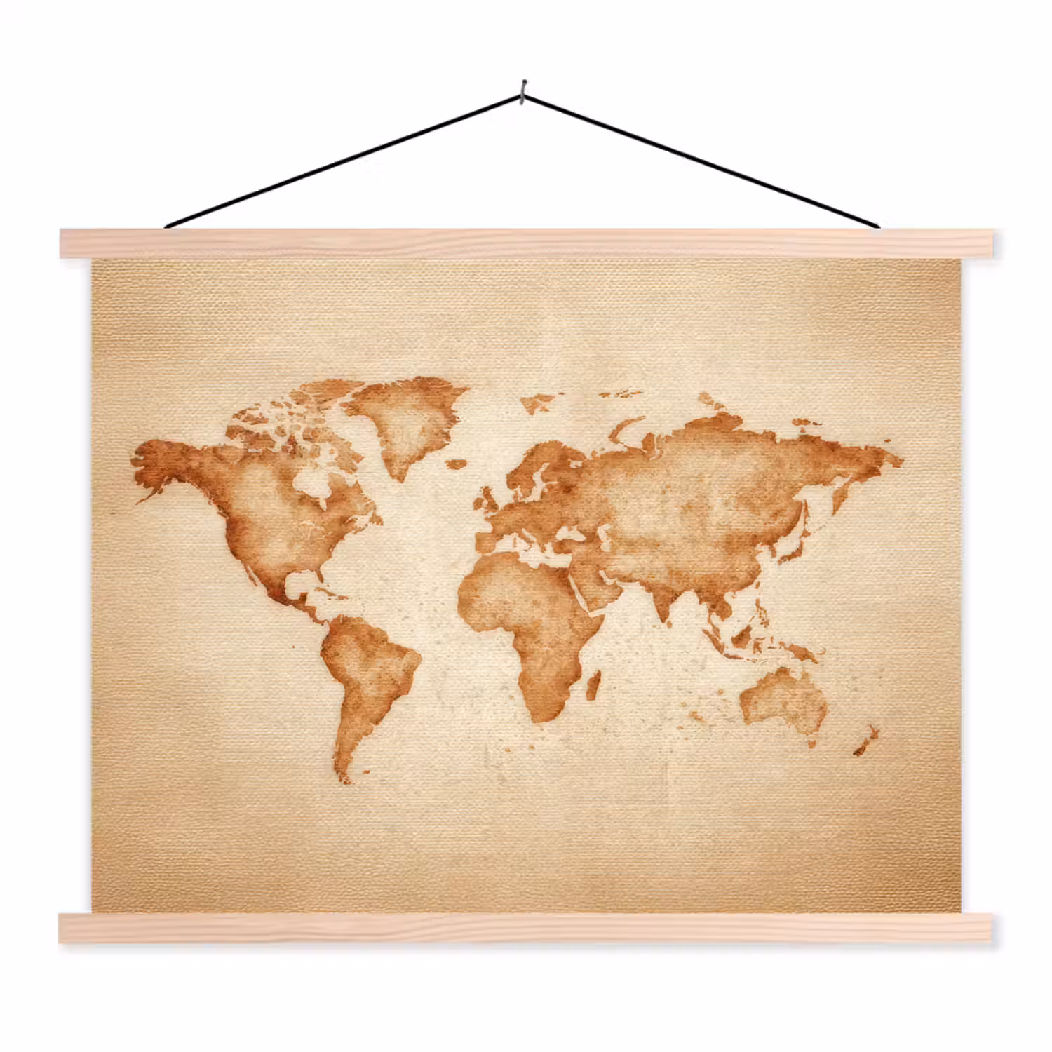 Wereldkaart - Bruin - Klassiek textielposter latten blank klein -3d