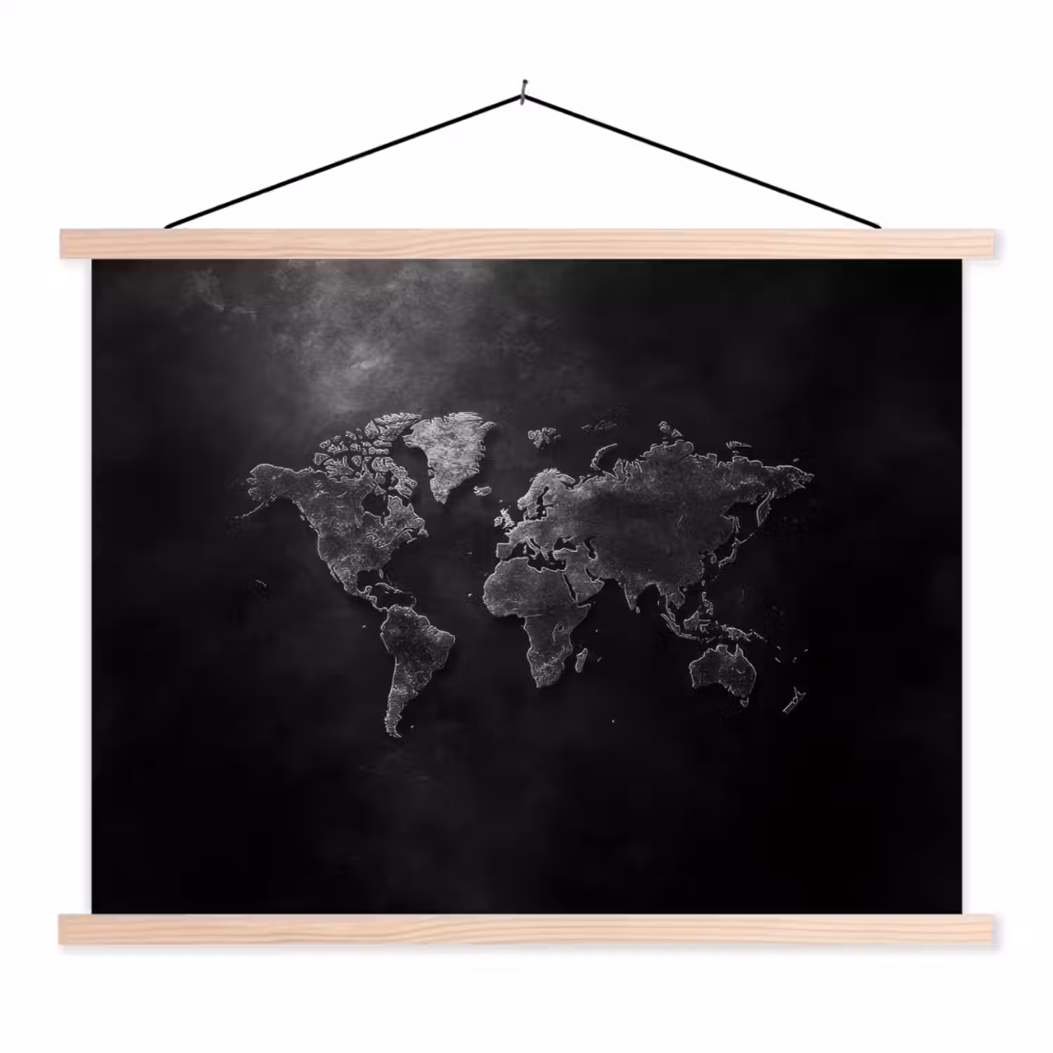 Wereldkaart - Duister - Zwart textielposter latten blank klein -3d