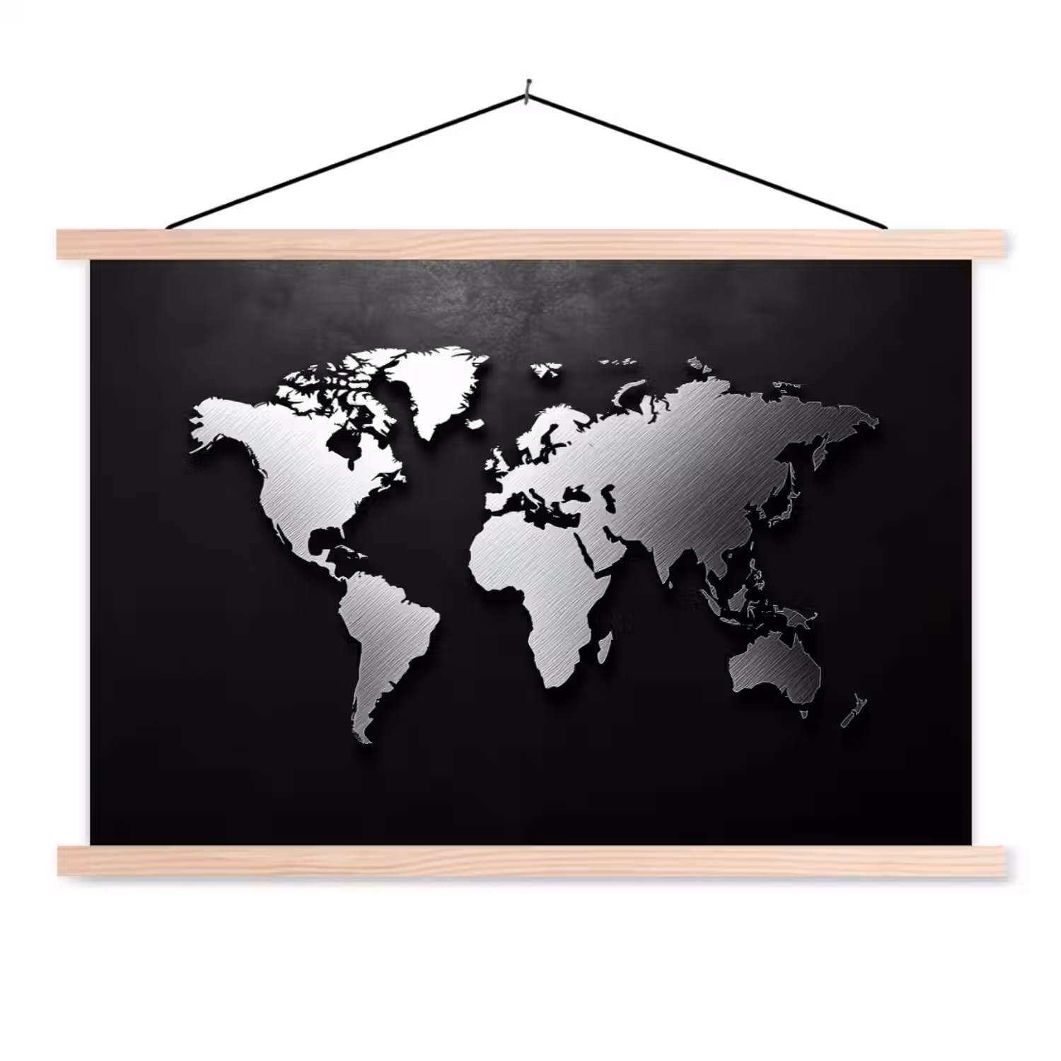 Wereldkaart - Donker - Zilver - Zwart textielposter latten blank klein -3d