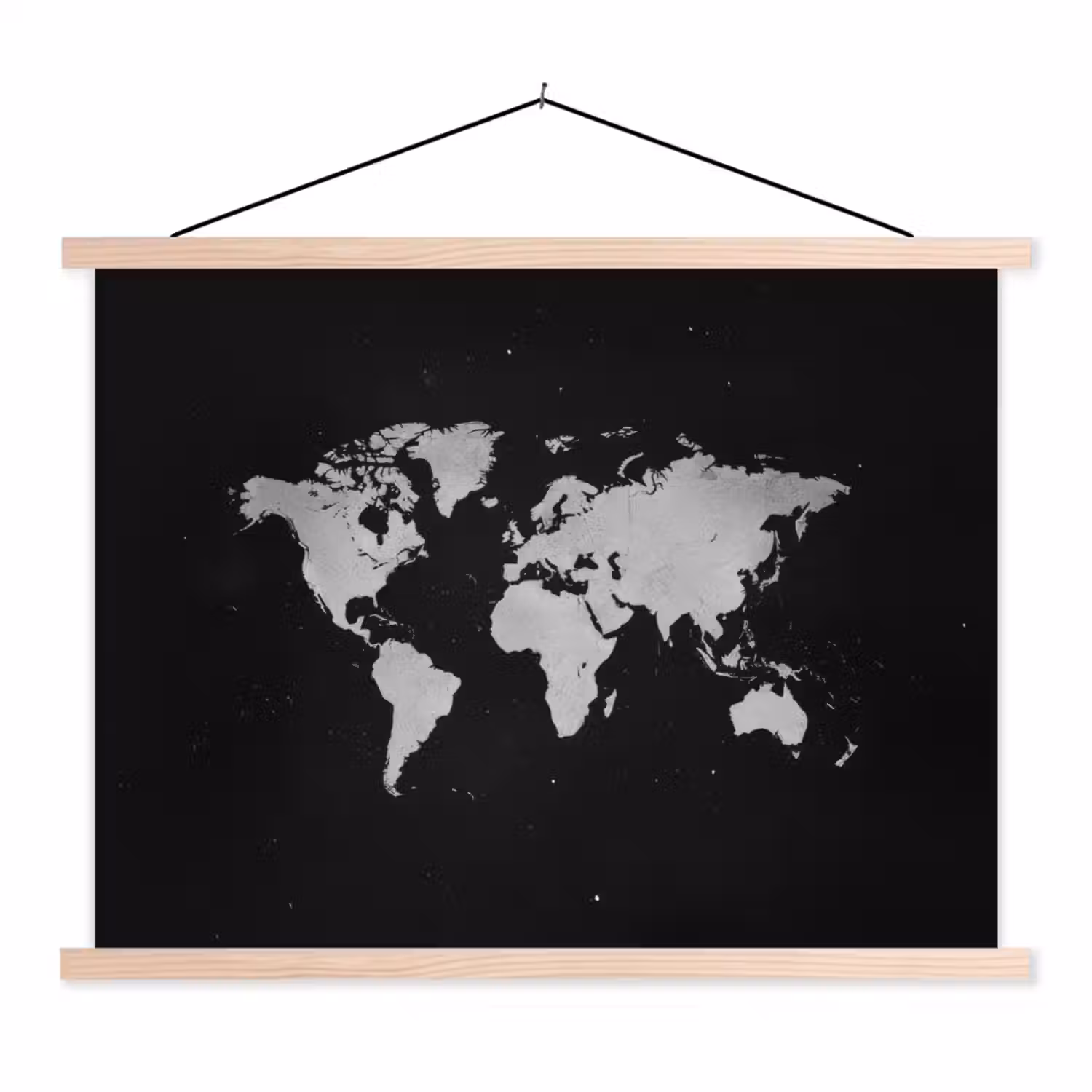 Wereldkaart - Duister - Wit textielposter latten blank klein -3d