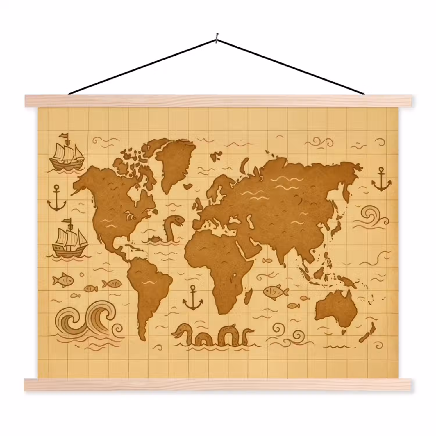 Wereldkaart - Fantasiestijl - Bruin textielposter latten blank klein -3d