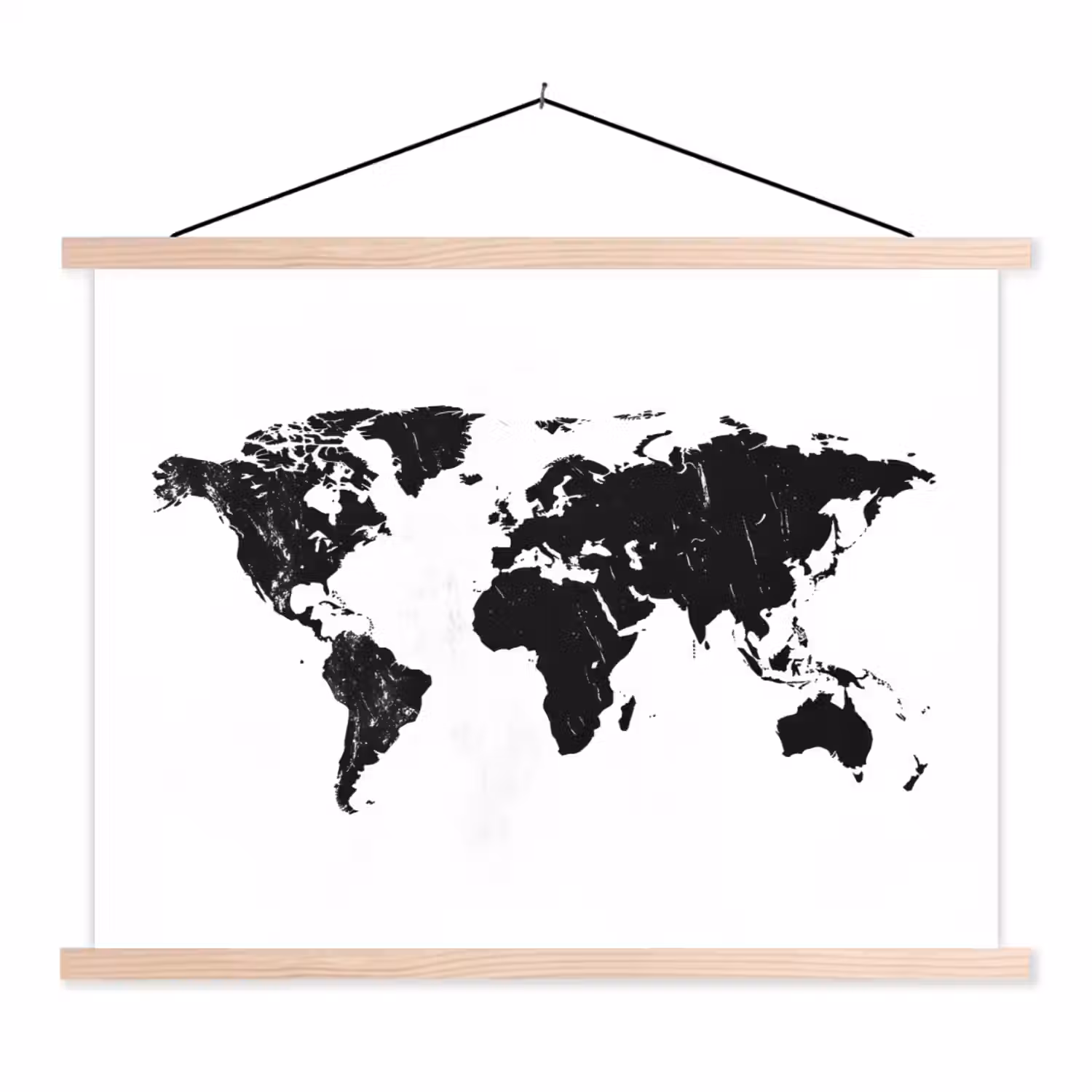 Wereldkaart - Verf - Zwart - Wit textielposter latten blank klein -3d
