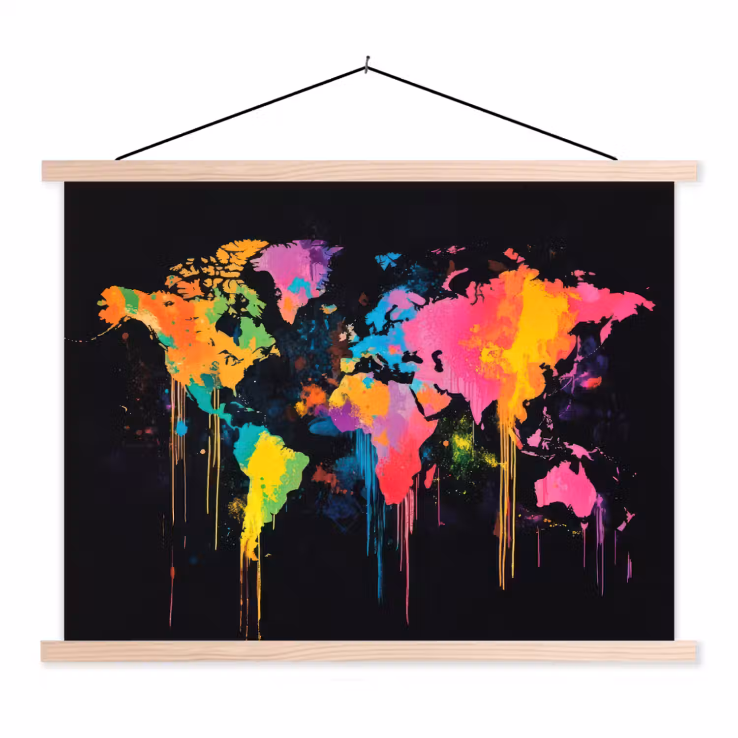 Wereldkaart - Verfspatten - Gekleurd - Druppels textielposter latten blank klein -3d