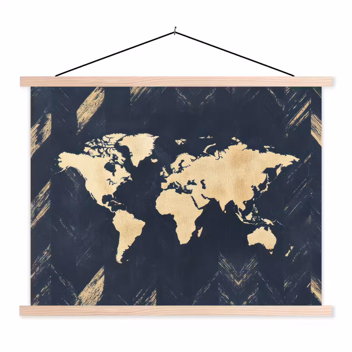 Wereldkaart - Visgraatpatroon - Vintage - Blauw textielposter latten blank klein -3d