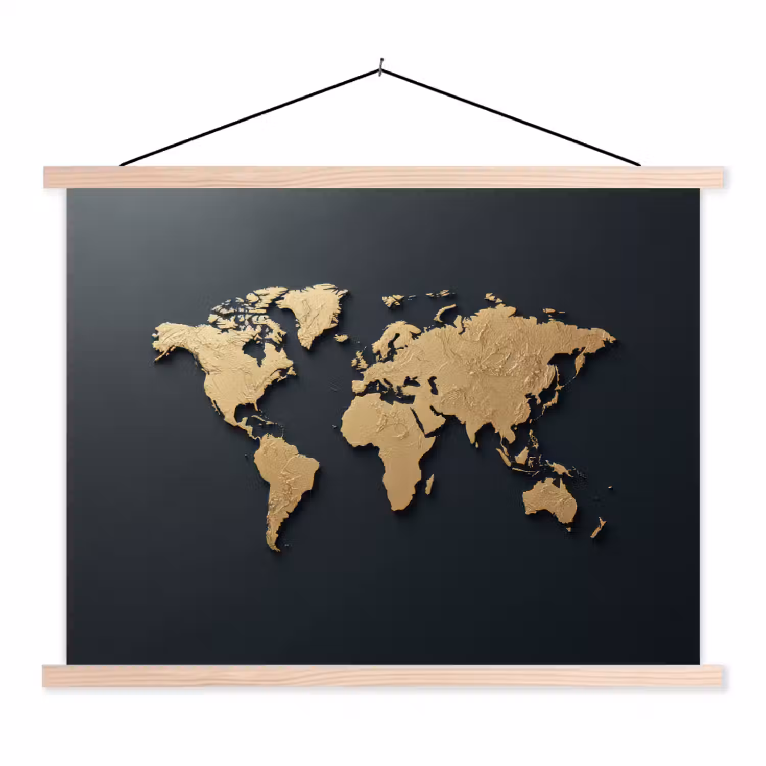 Wereldkaart - Geografische kenmerken - Zwart textielposter latten blank klein -3d