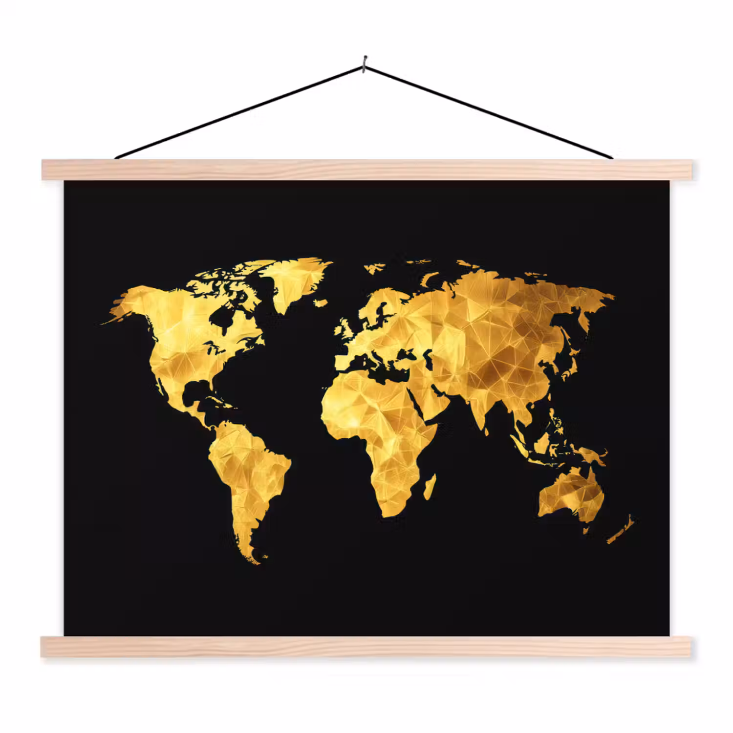 Wereldkaart - Geometrische polygonen - Dynamisch - Zwart textielposter latten blank klein -3d