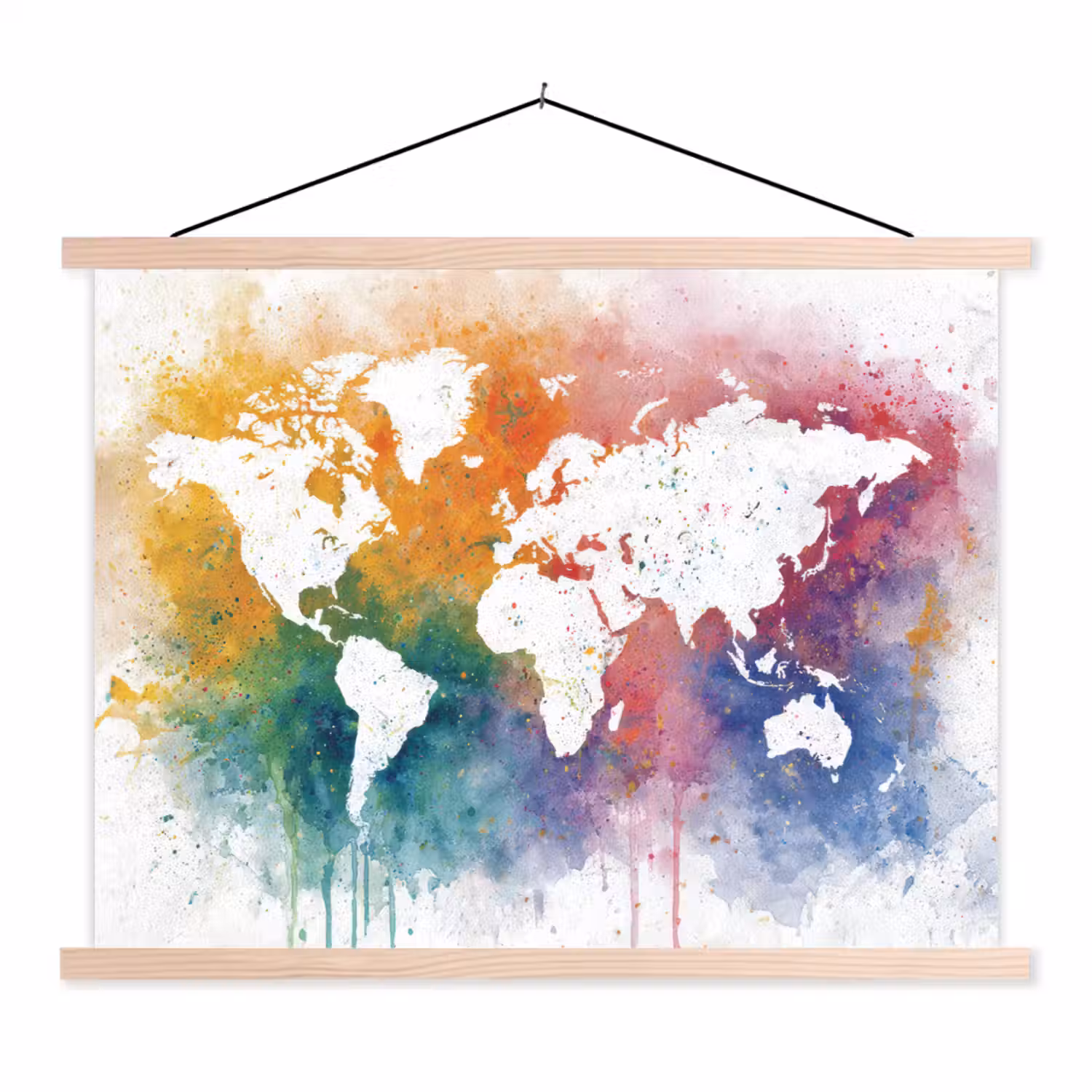 Wereldkaart - Omlijst - Verfspatten - Regenboogkleuren textielposter latten blank klein -3d
