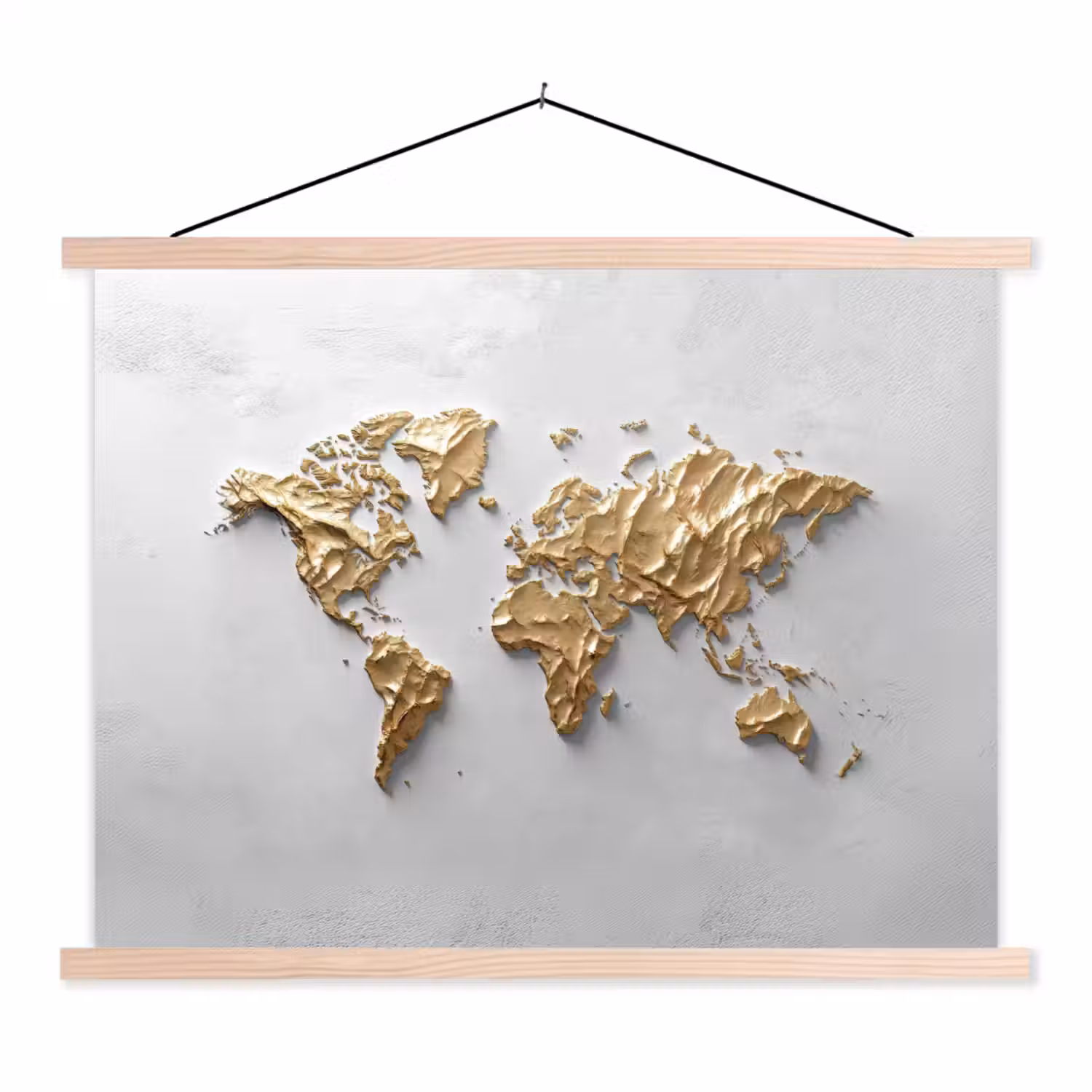 Wereldkaart - Egaal wit - Grof goud textielposter latten blank klein -3d