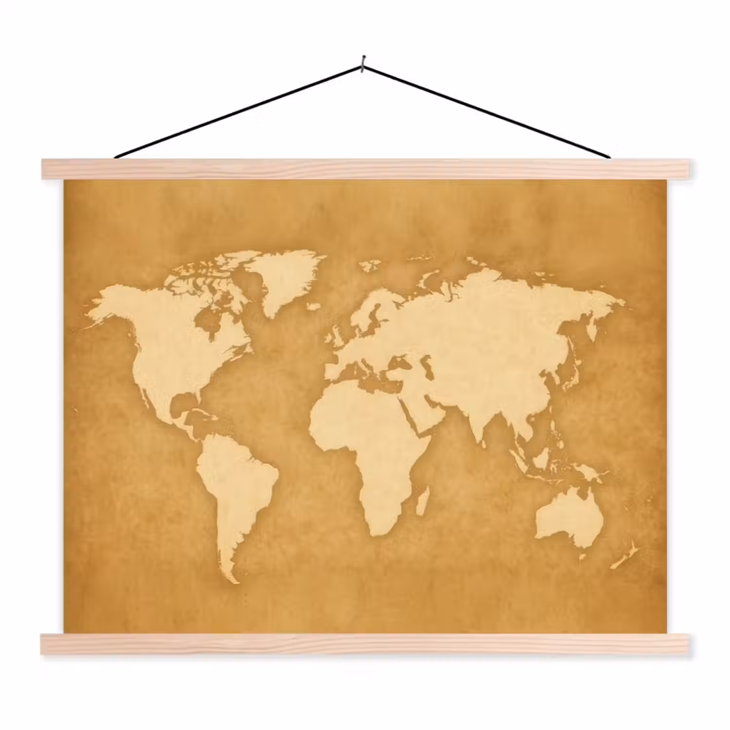 Wereldkaart - Egale structuur - Warme parchmentint textielposter latten blank klein -3d
