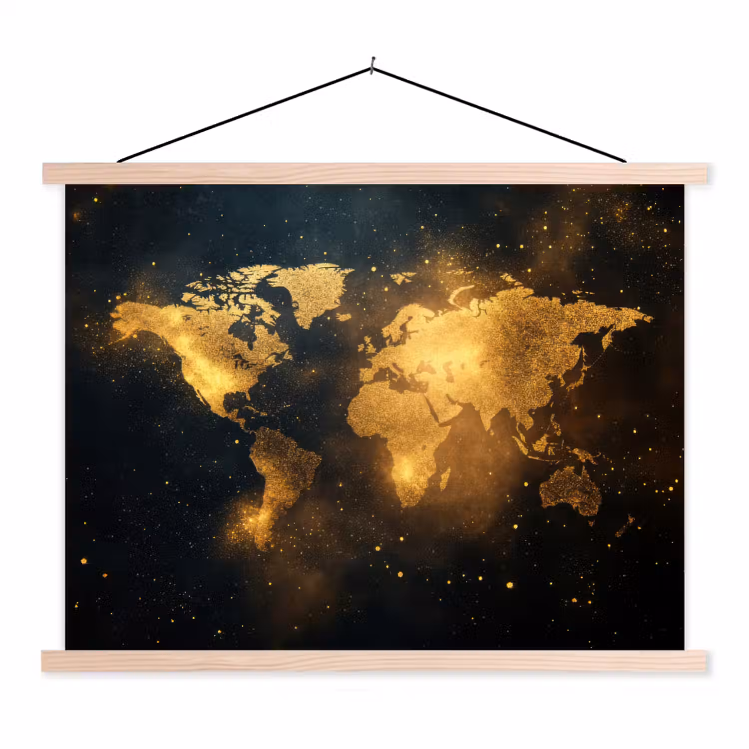 Wereldkaart - Gouden lichtpuntjes - Zwart textielposter latten blank klein -3d