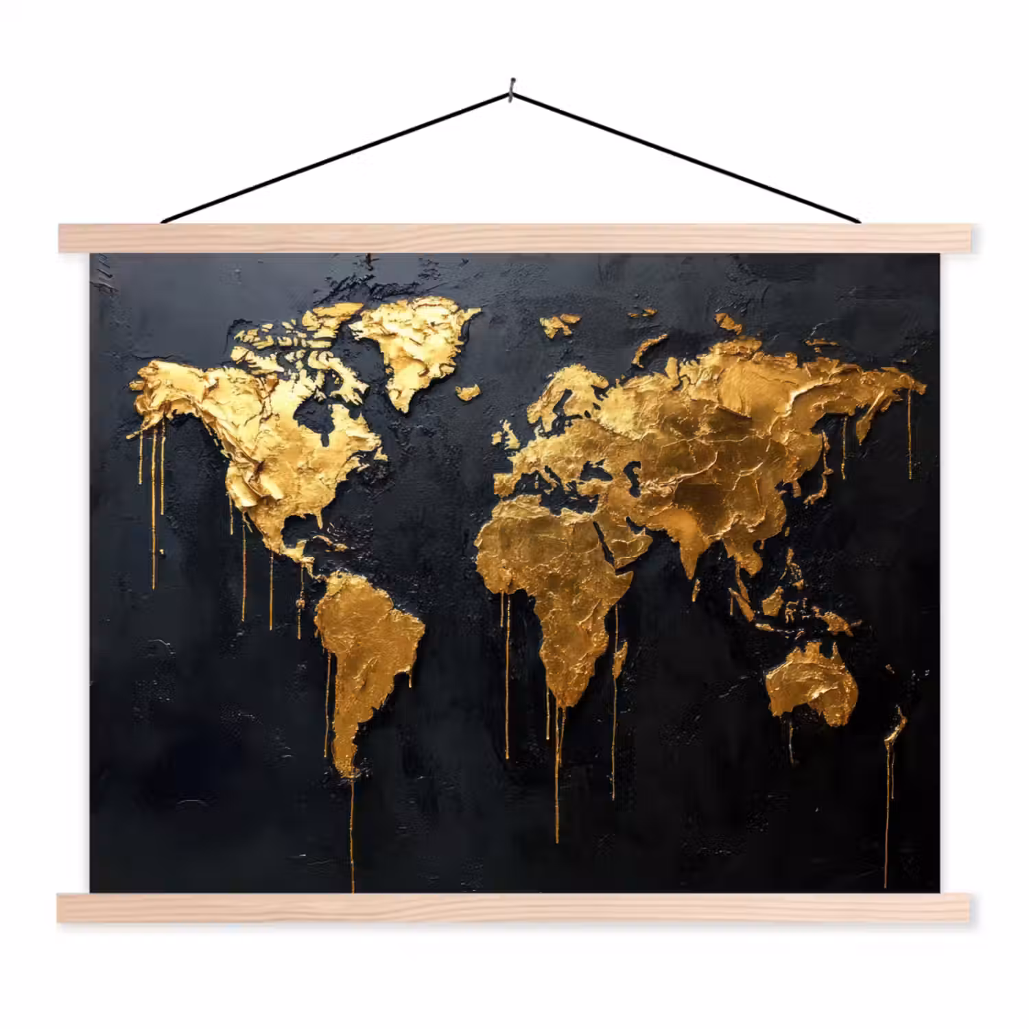 Wereldkaart - Gouden verf - Druppels - Zwart textielposter latten blank klein -3d