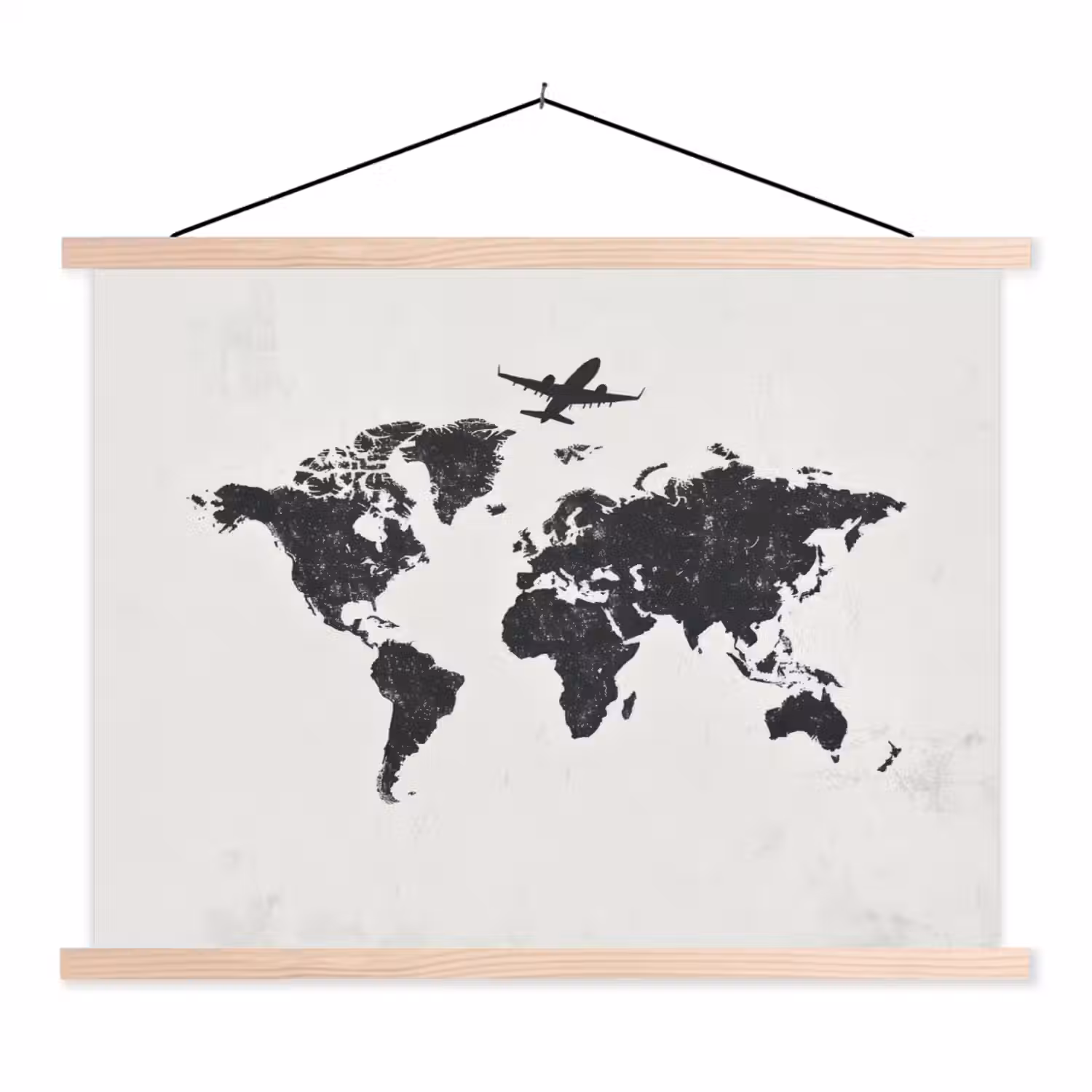 Wereldkaart - Grijs - Zwart - Vliegtuig textielposter latten blank klein -3d