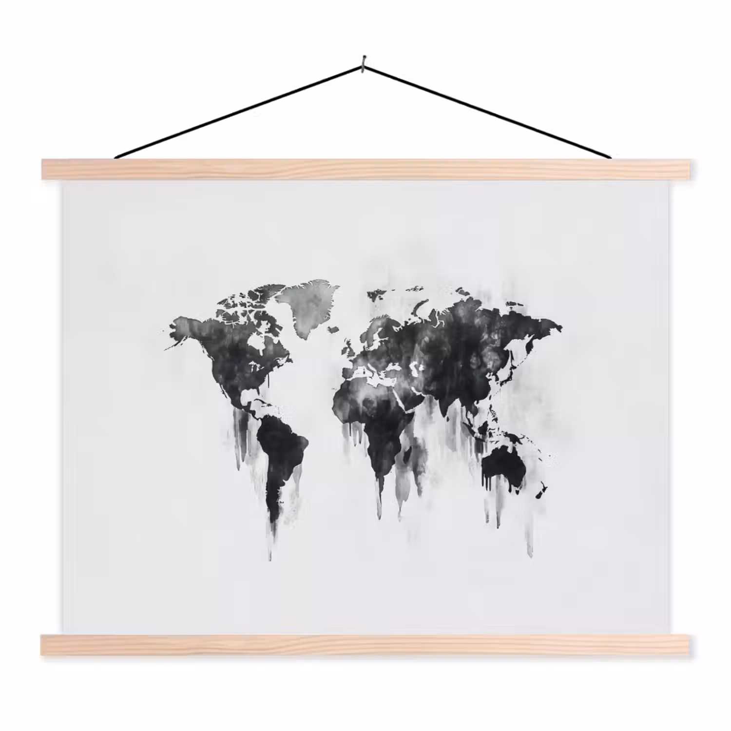 Wereldkaart - Grijs - Zwart - Inkt textielposter latten blank klein -3d
