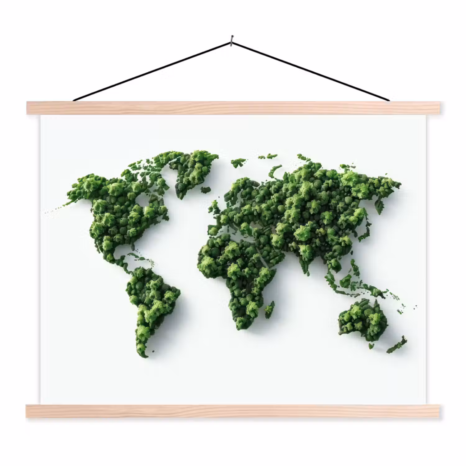 Wereldkaart - Groene bomen textielposter latten blank klein -3d