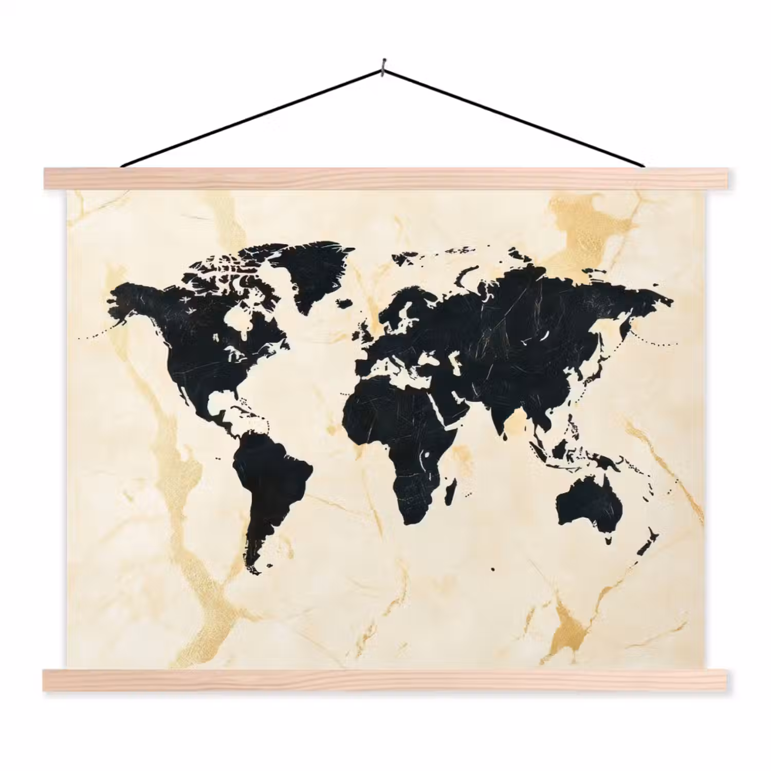 Wereldkaart - Licht marmer - Zwart textielposter latten blank klein -3d