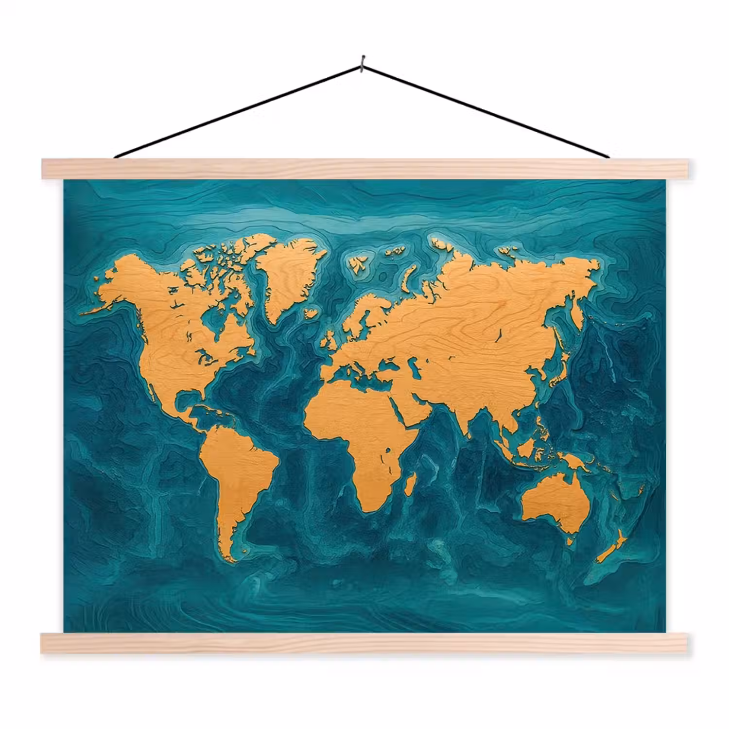 Wereldkaart - Houtsnede - Turkooisblauw textielposter latten blank klein -3d