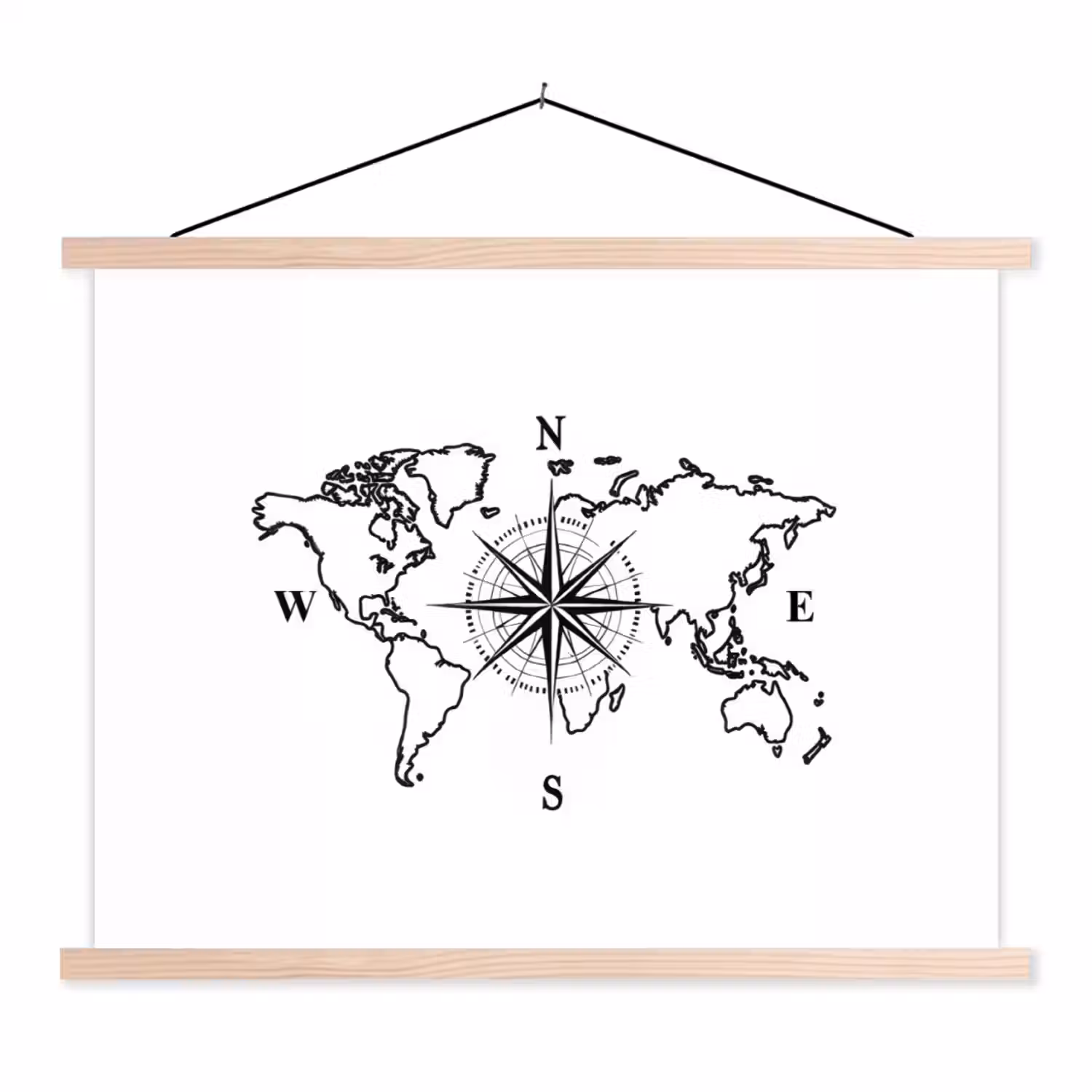 Wereldkaart - Kompas - Minimalistisch textielposter latten blank klein -3d
