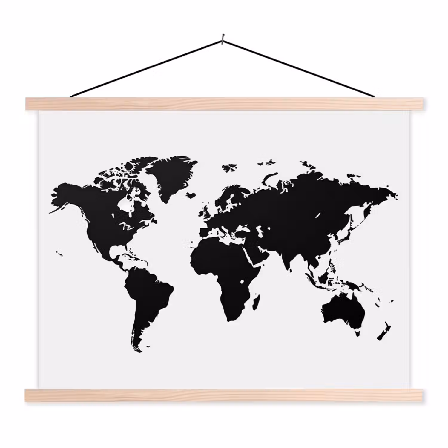 Wereldkaart - Contrast - Zwart - Wit textielposter latten blank klein -3d