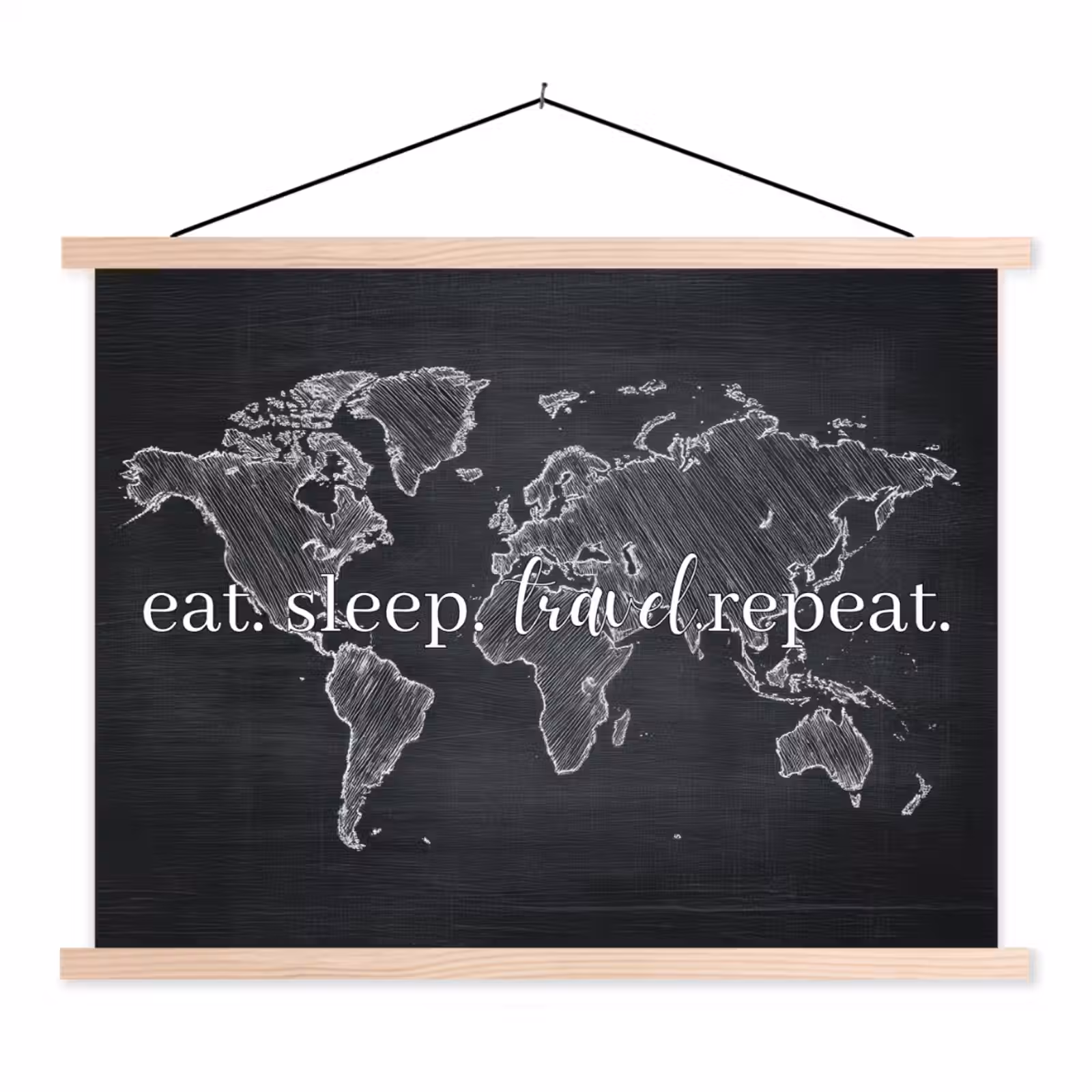 Wereldkaart - Krijt - Quote - Zwart textielposter latten blank klein -3d