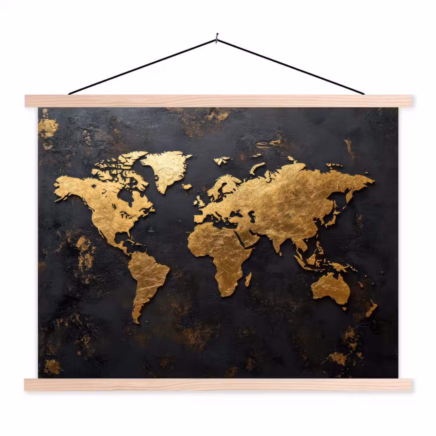 Wereldkaart - Artistiek - Zwart textielposter latten blank klein -3d