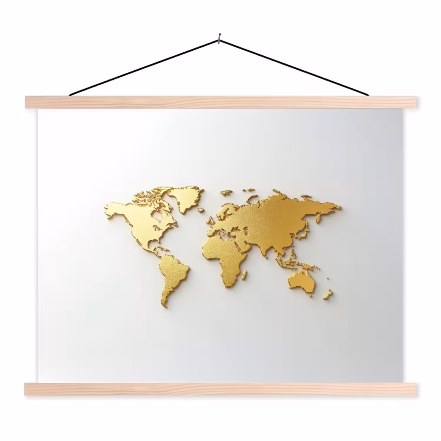 Wereldkaart - Luxe uitstraling - Glanzend goud textielposter latten blank klein -3d
