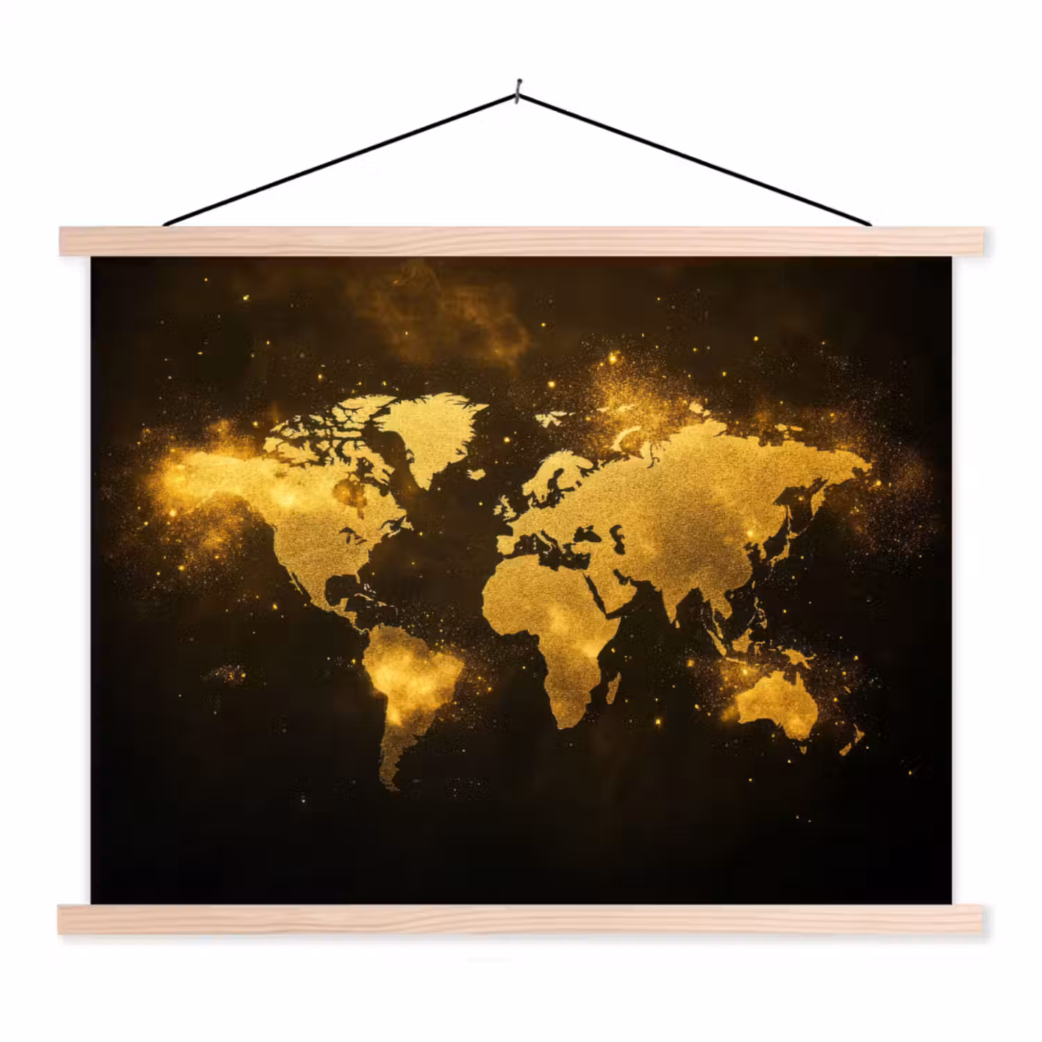 Wereldkaart - Magisch effect - Gouden deeltjes textielposter latten blank klein -3d