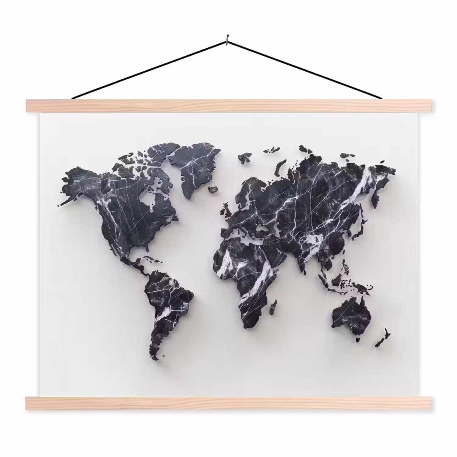 Wereldkaart - Marmer - Modern textielposter latten blank klein -3d