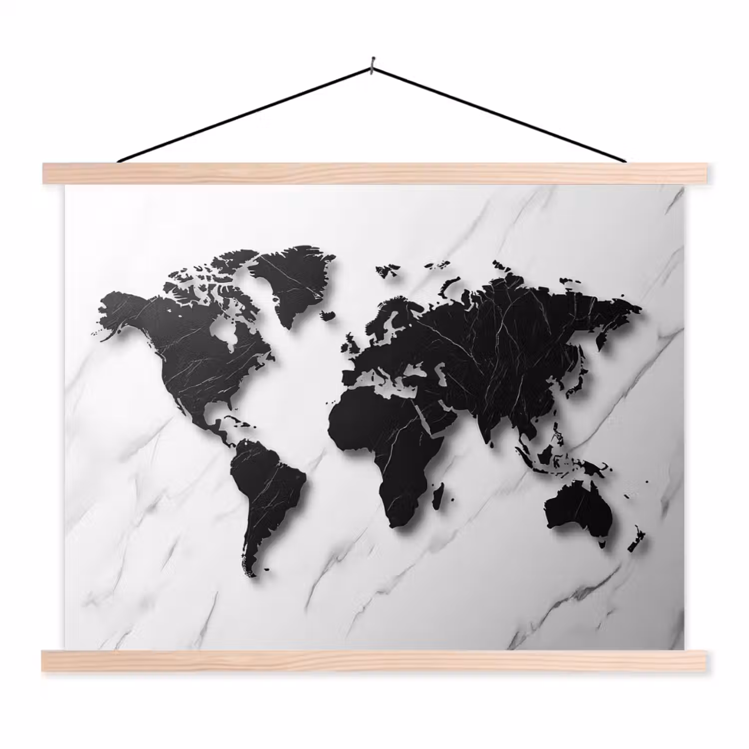 Wereldkaart - Marmer - Wit - Zwart textielposter latten blank klein -3d