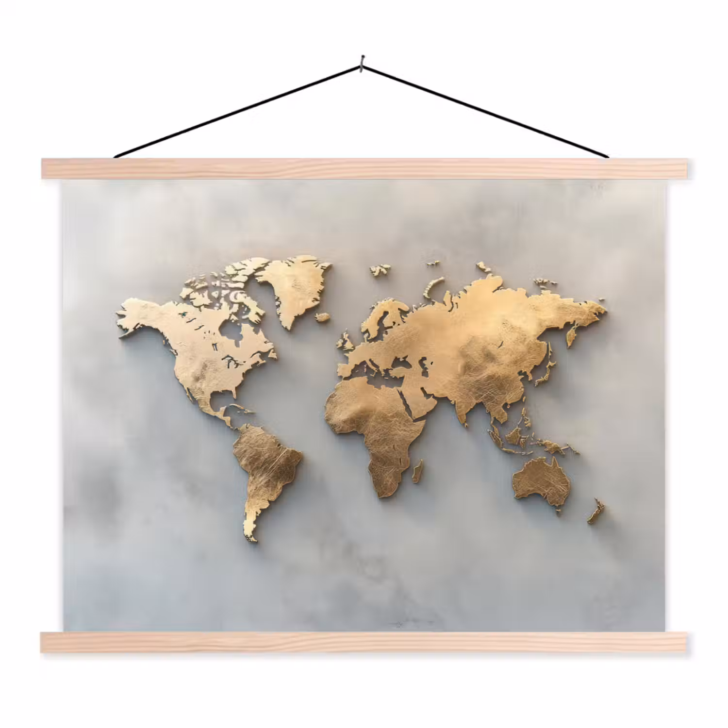 Wereldkaart - Metaal - Grijs textielposter latten blank klein -3d