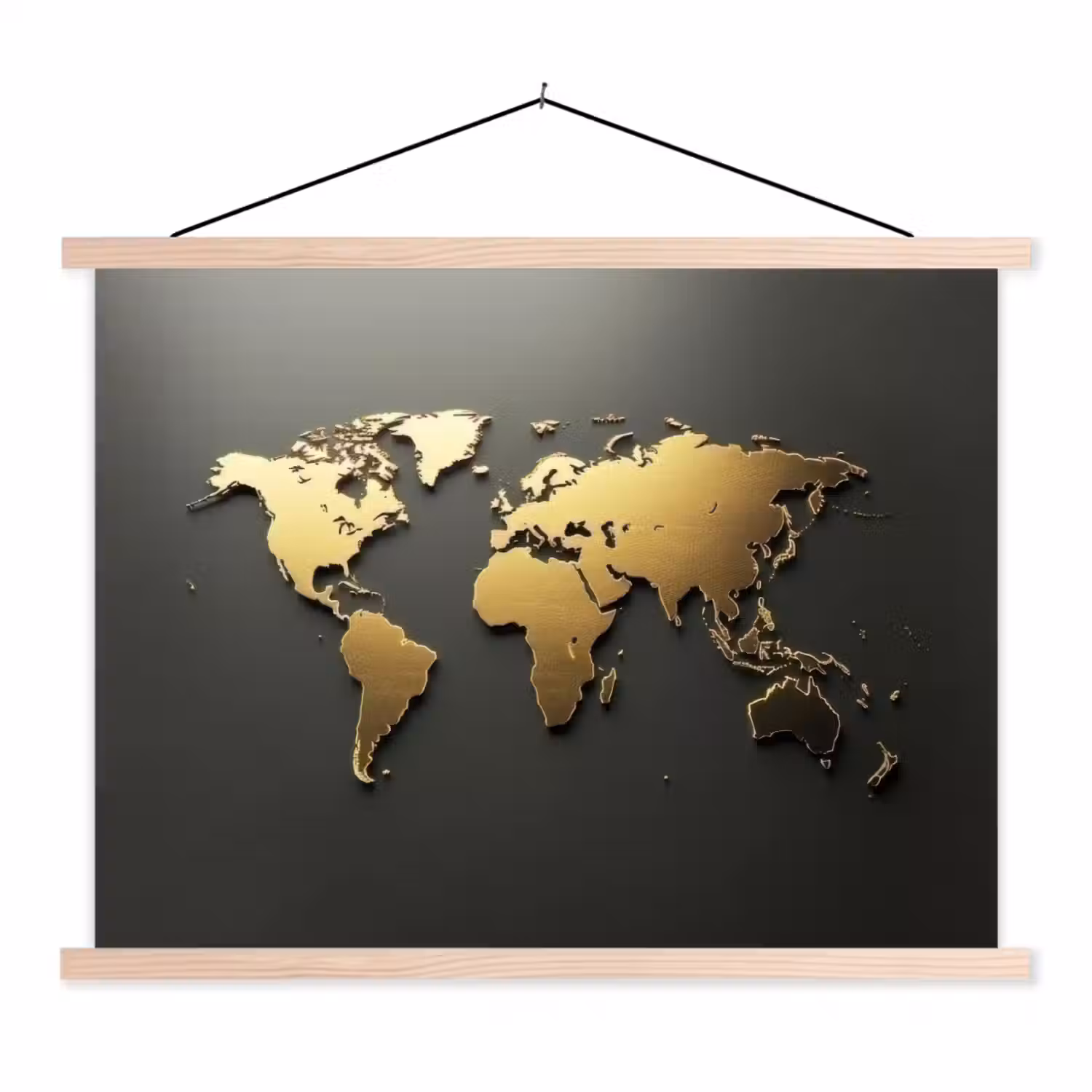 Wereldkaart - Minimalistisch - Gouden afwerking textielposter latten blank klein -3d