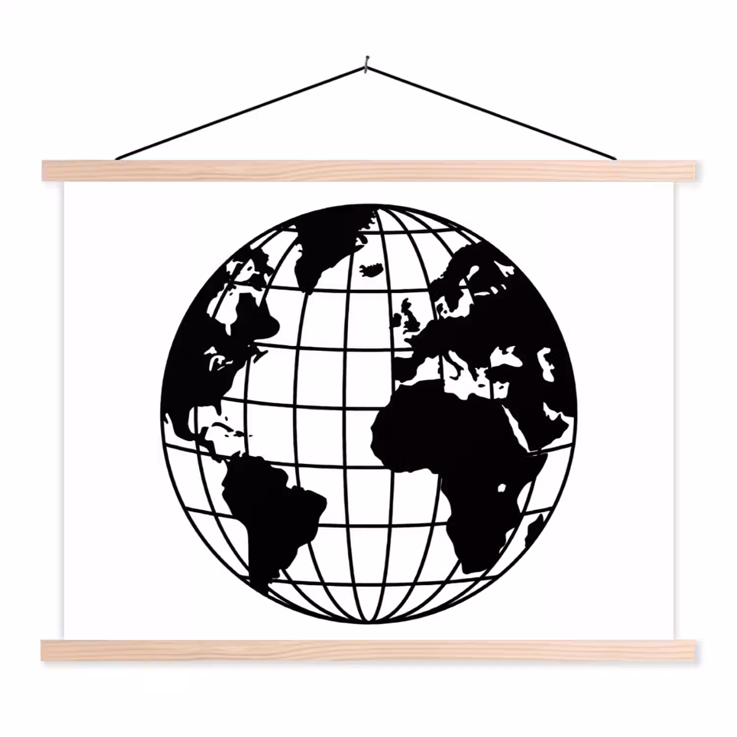 Wereldkaart - Minimalistisch - Zwart - Wit textielposter latten blank klein -3d