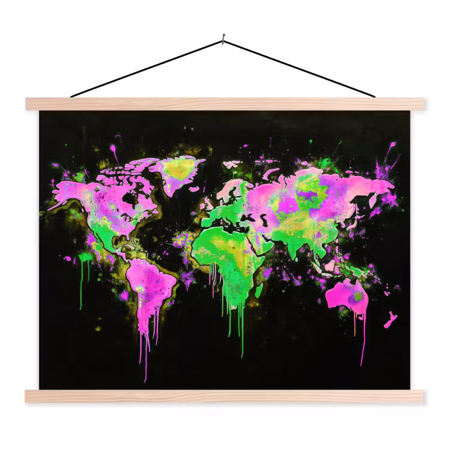 Wereldkaart - Neon - Groen - Roze textielposter latten blank klein -3d