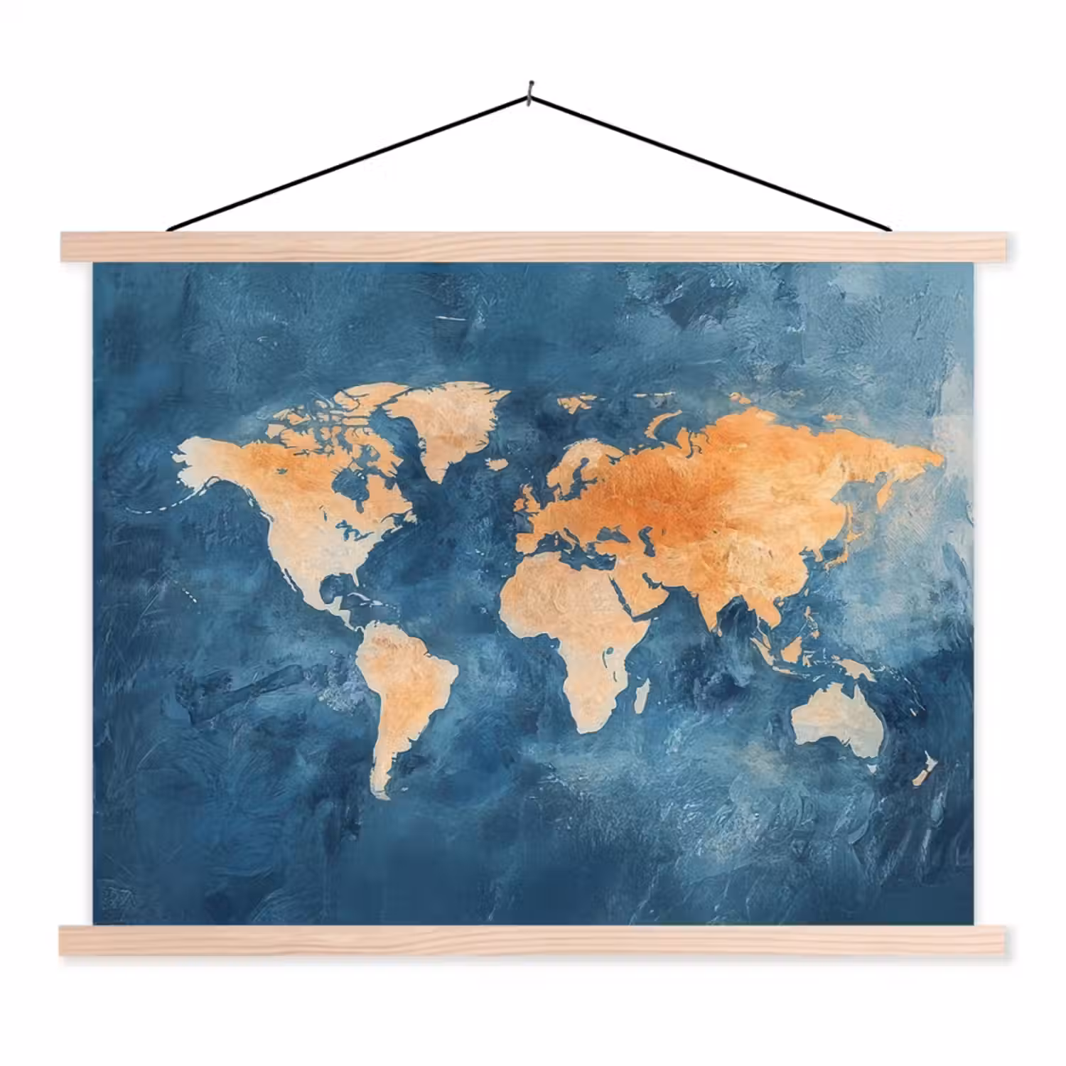 Wereldkaart - Olieverfschilderij - Blauw - Oranje textielposter latten blank klein -3d
