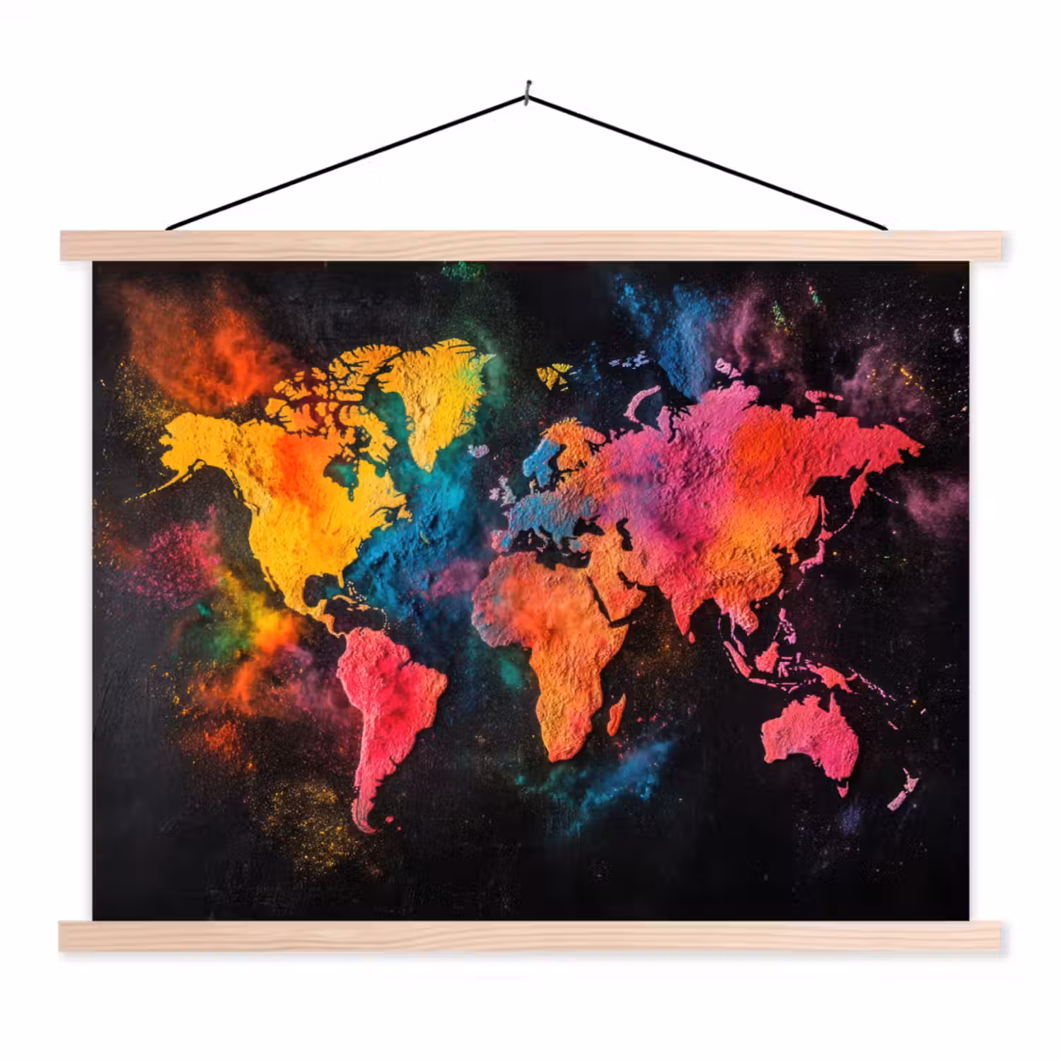 Wereldkaart - Poeder - Kleuren textielposter latten blank klein -3d