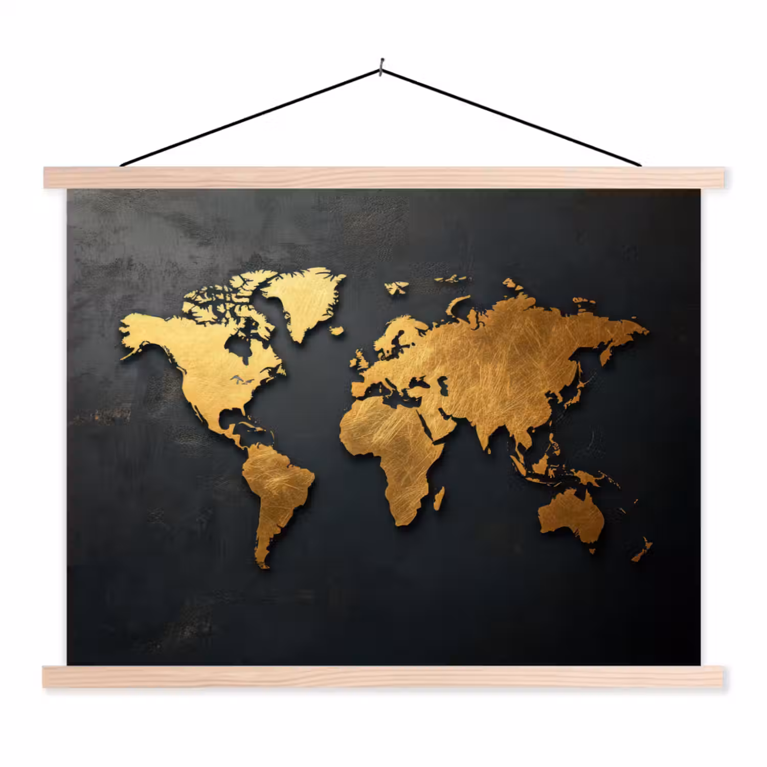 Wereldkaart - Ruwe textuur - Scherpe contouren - Zwart textielposter latten blank klein -3d