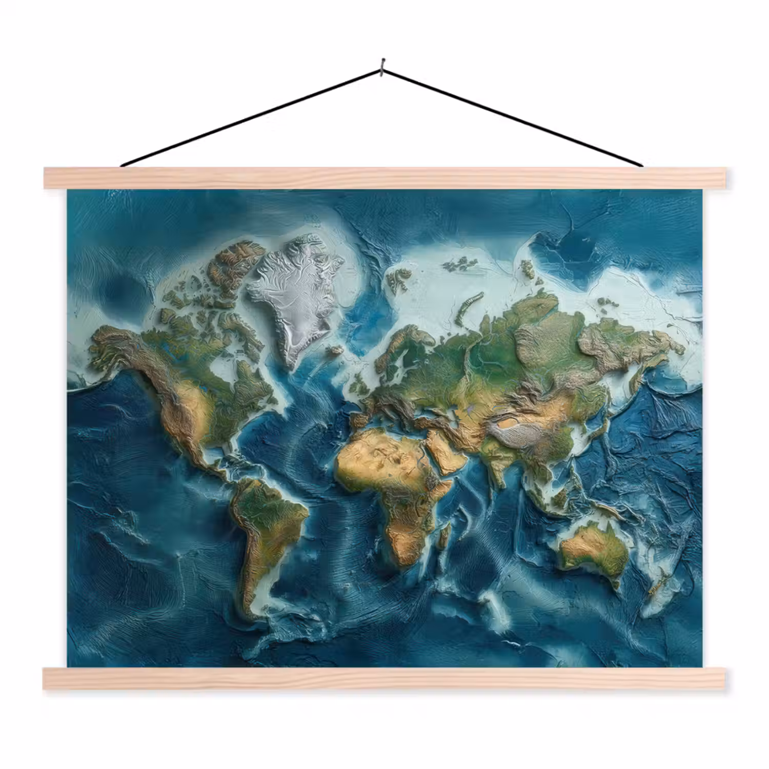 Wereldkaart - Realistisch - Contouren textielposter latten blank klein -3d