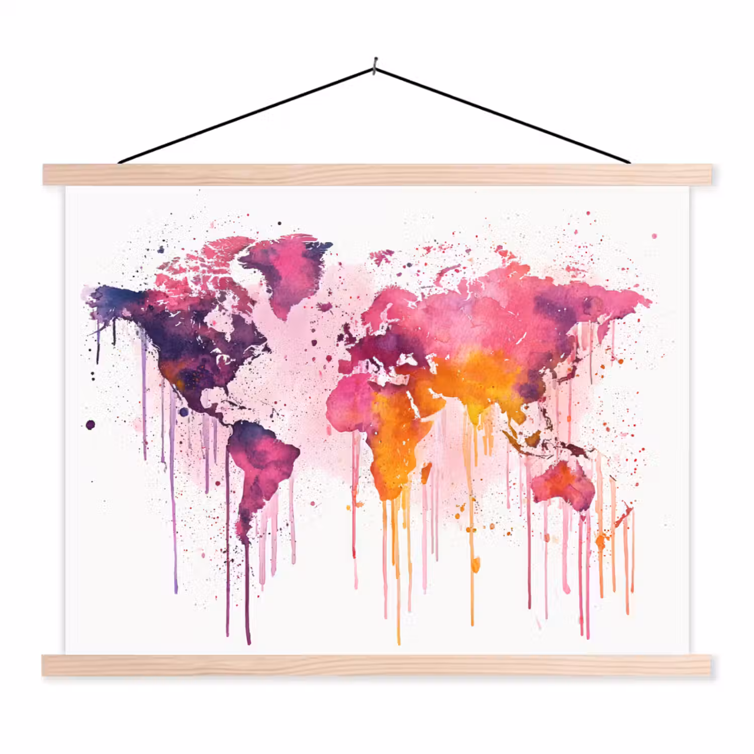 Wereldkaart - Roze - Druppels - Verf textielposter latten blank klein -3d