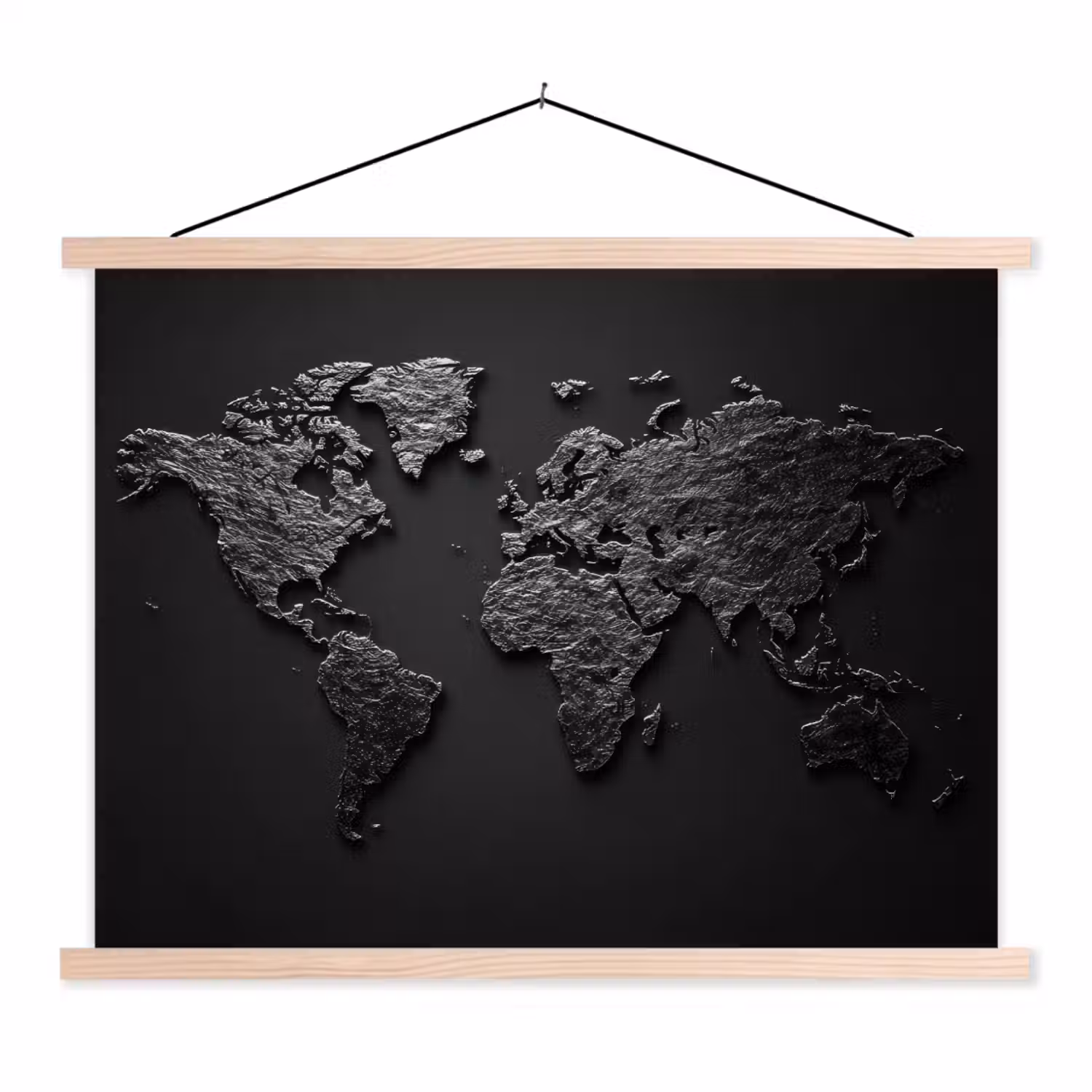 Wereldkaart - Zwart - Donker textielposter latten blank klein -3d