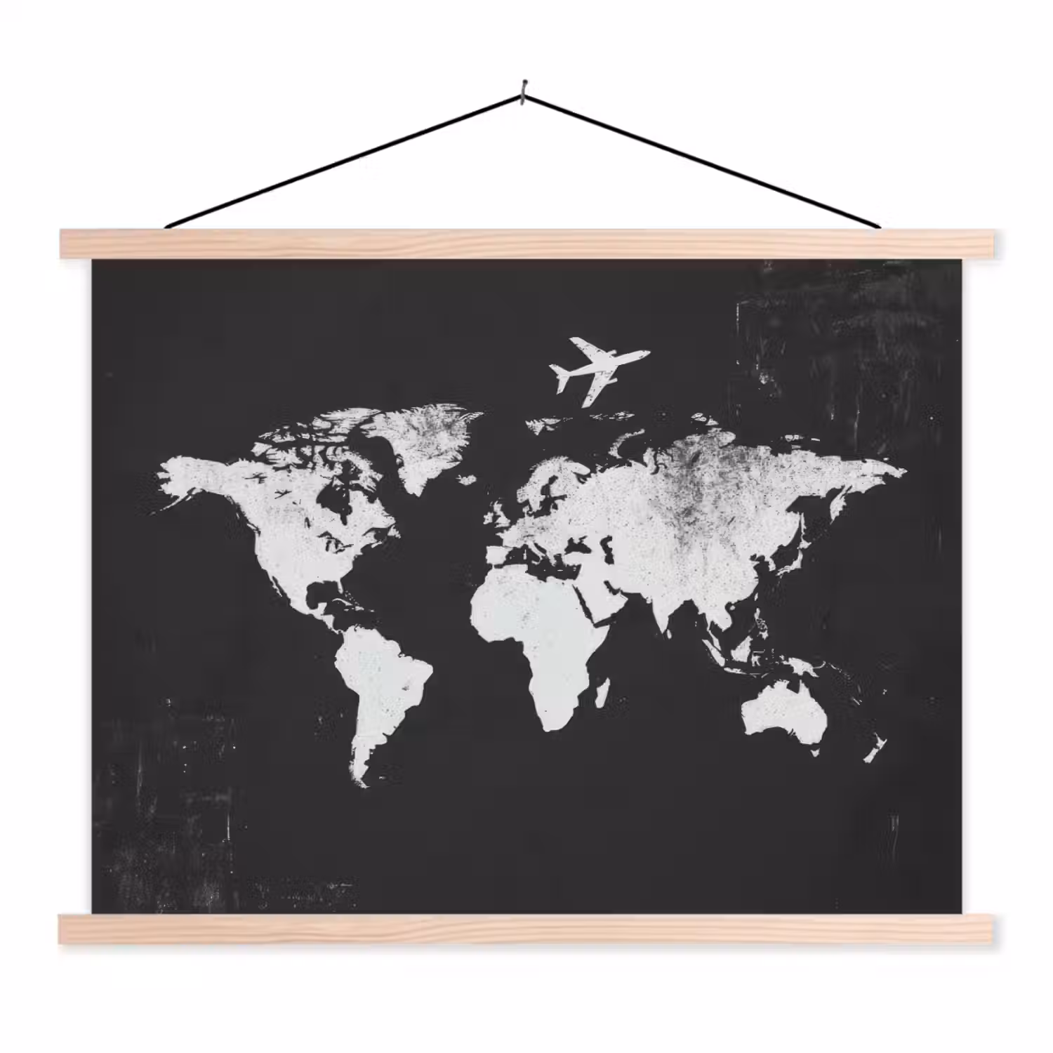Wereldkaart - Zwart - Vliegtuig - Silhouet textielposter latten blank klein -3d