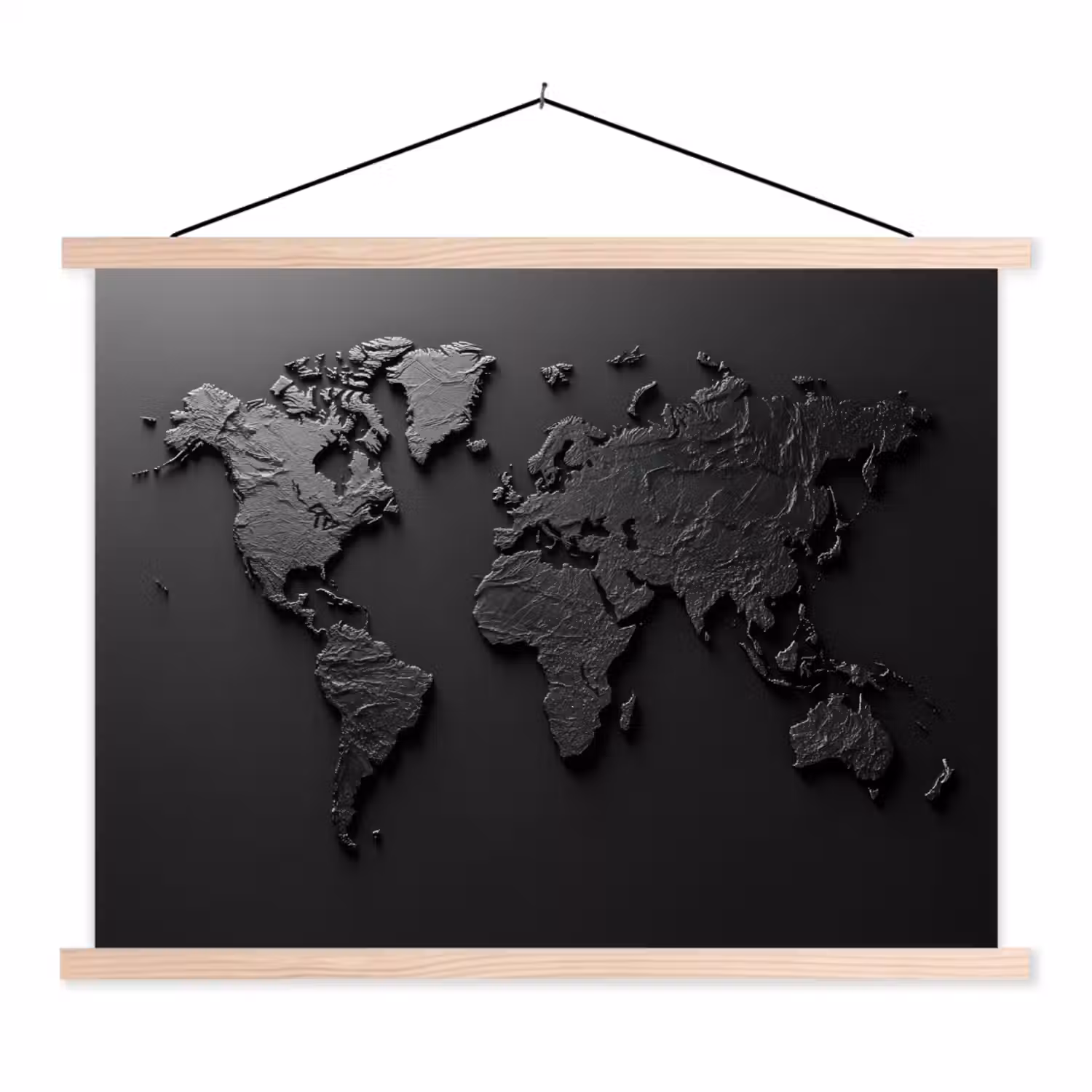 Wereldkaart - Zwart - Grijs textielposter latten blank klein -3d
