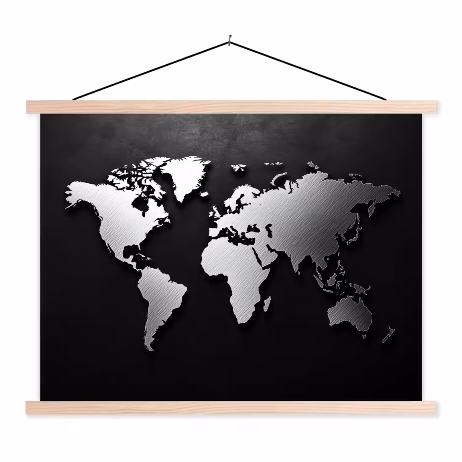 Wereldkaart - Zwart - Zilver - Metaal textielposter latten blank klein -3d