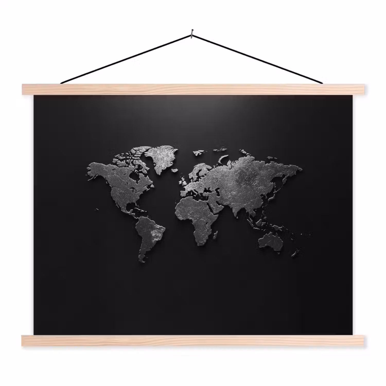 Wereldkaart - Zwart - Structuur textielposter latten blank klein -3d