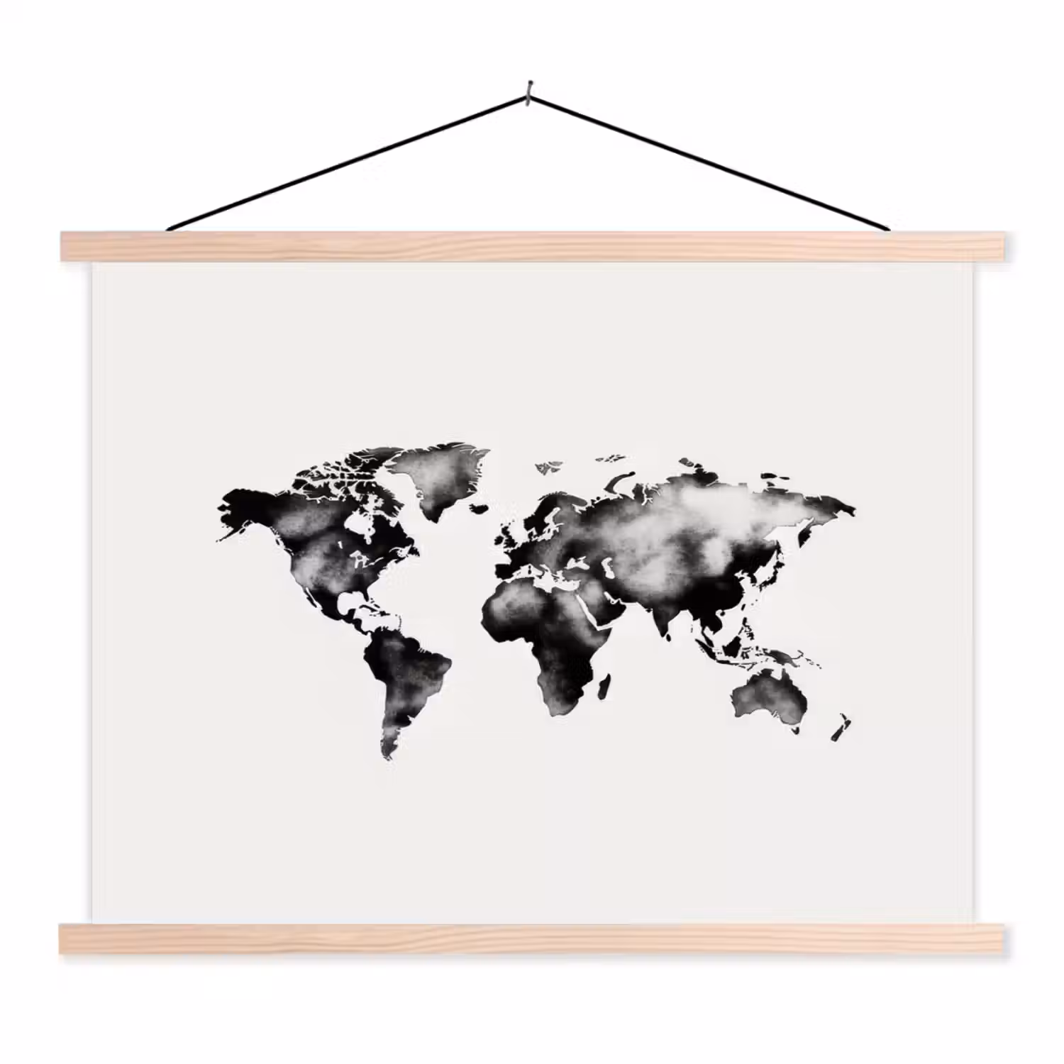 Wereldkaart - Zwart - Inktwassing textielposter latten blank klein -3d